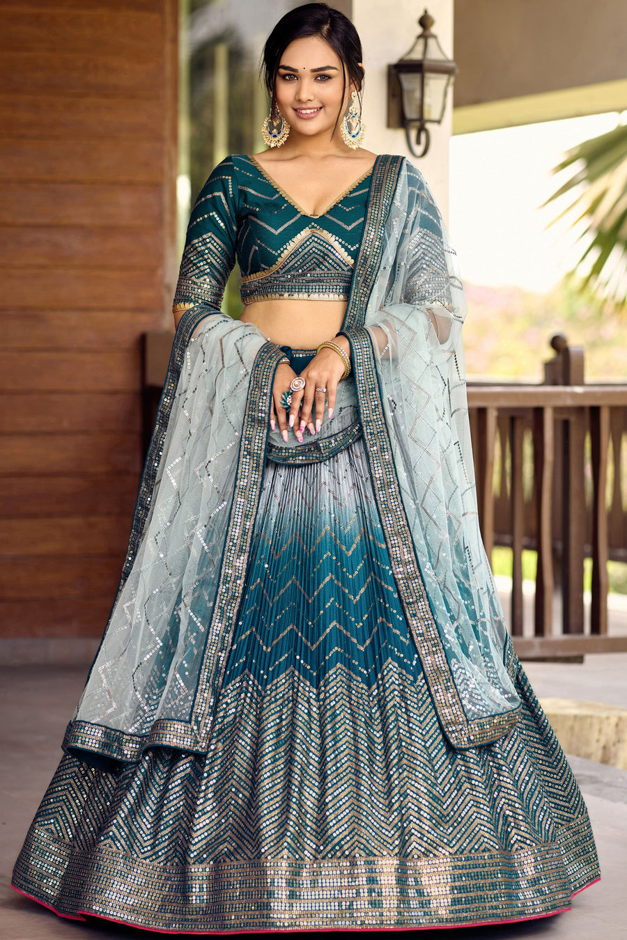 Blue Chinon Silk Double Tone Partywear Lehenga Choli with Sequins Work