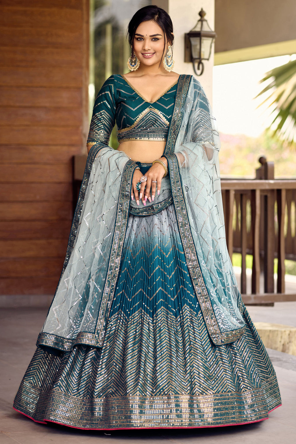 Teal Chinon Silk Double Tone Partywear Lehenga Choli with Sequins Work