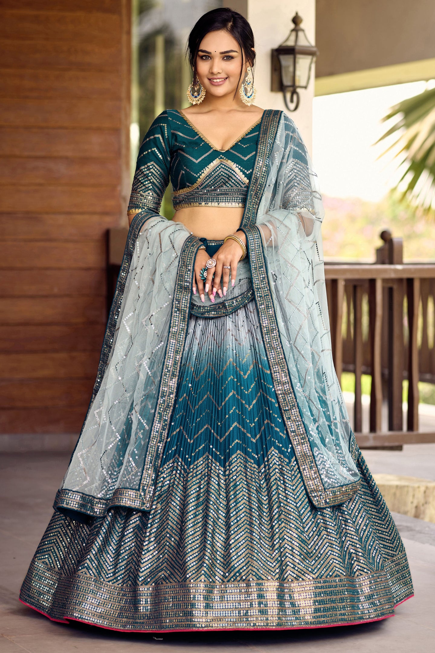 Teal Chinon Silk Double Tone Partywear Lehenga Choli with Sequins Work