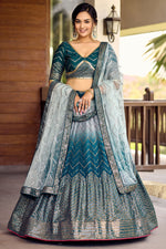 Teal Chinon Silk Double Tone Partywear Lehenga Choli with Sequins Work