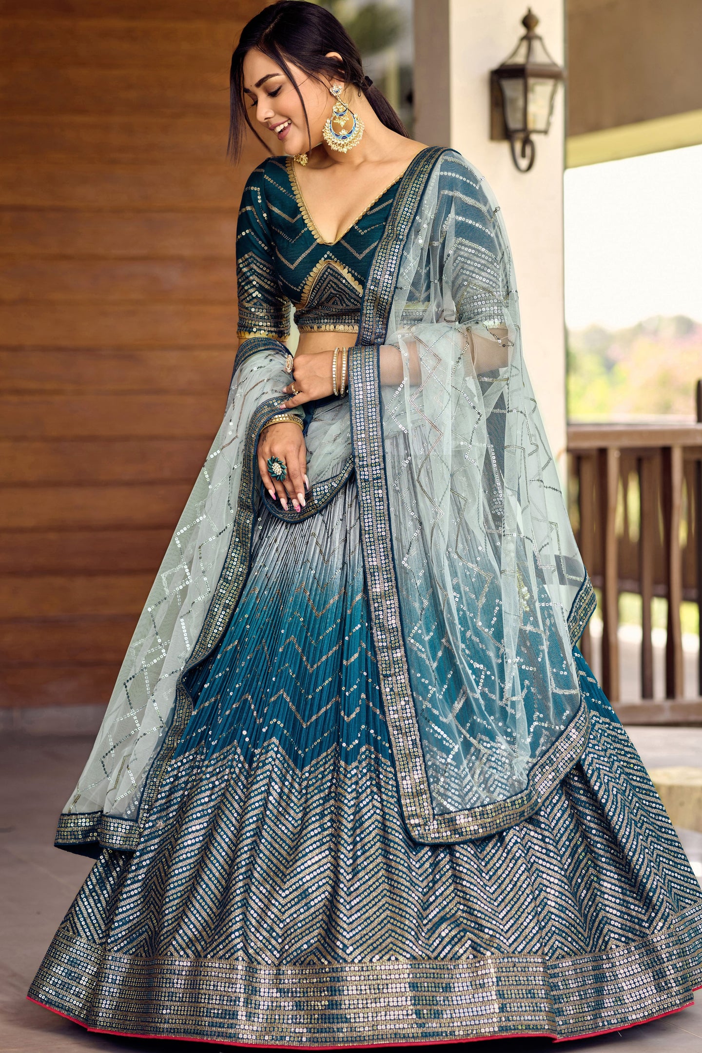 Blue Chinon Silk Double Tone Partywear Lehenga Choli with Sequins Work