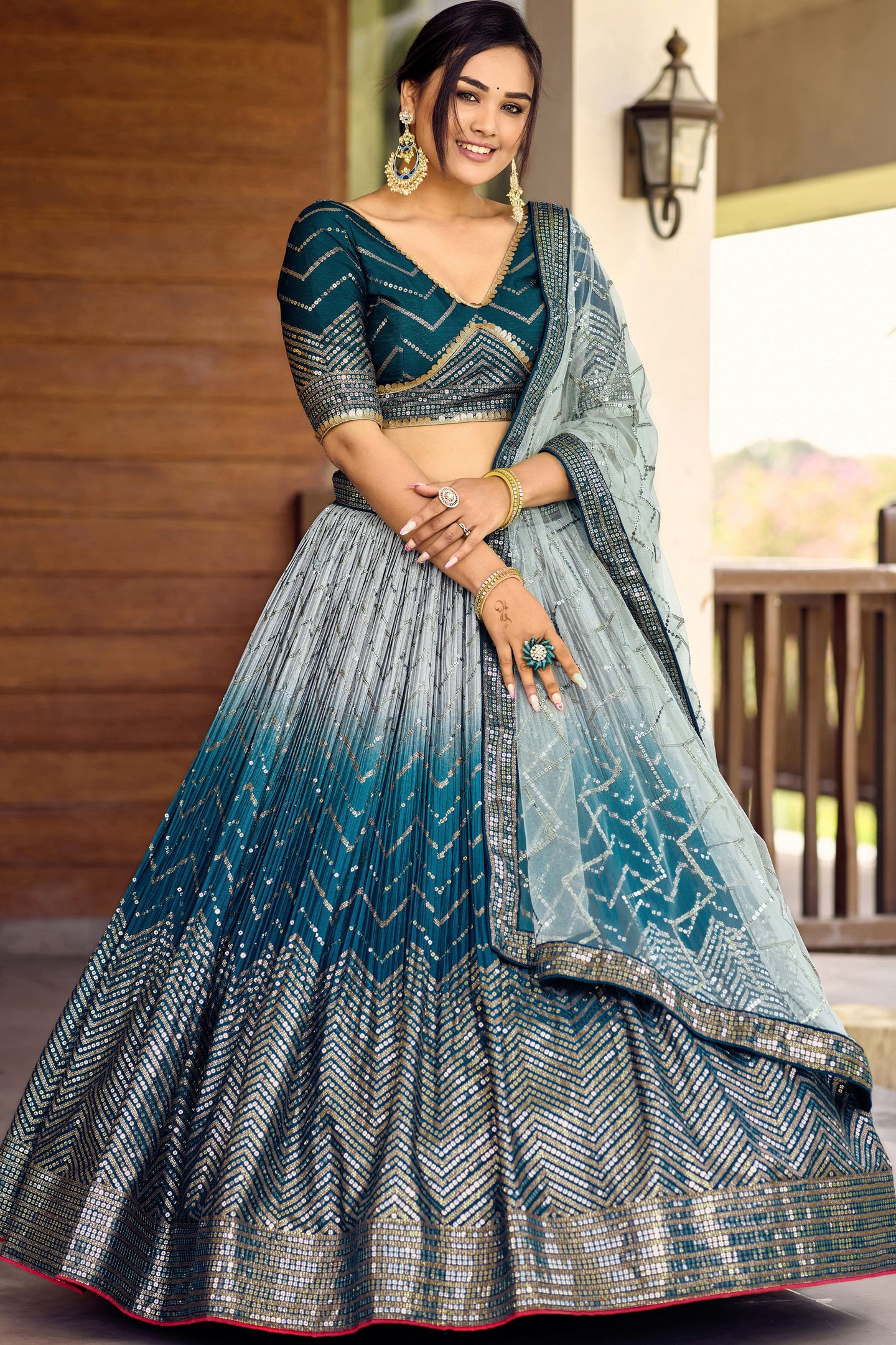 Blue Chinon Silk Double Tone Partywear Lehenga Choli with Sequins Work