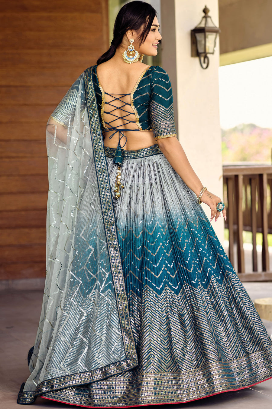 Blue Chinon Silk Double Tone Partywear Lehenga Choli with Sequins Work