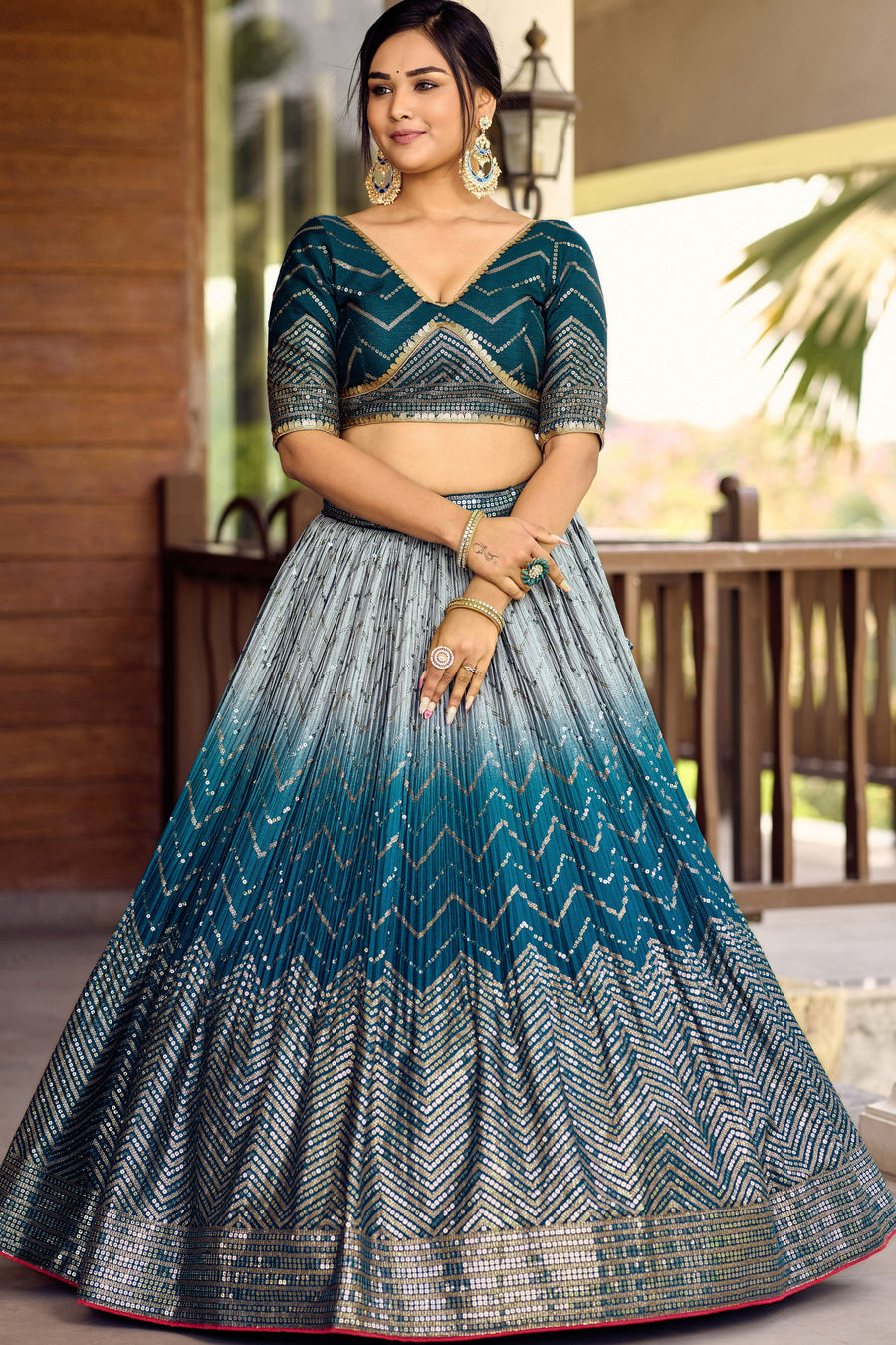Blue Chinon Silk Double Tone Partywear Lehenga Choli with Sequins Work