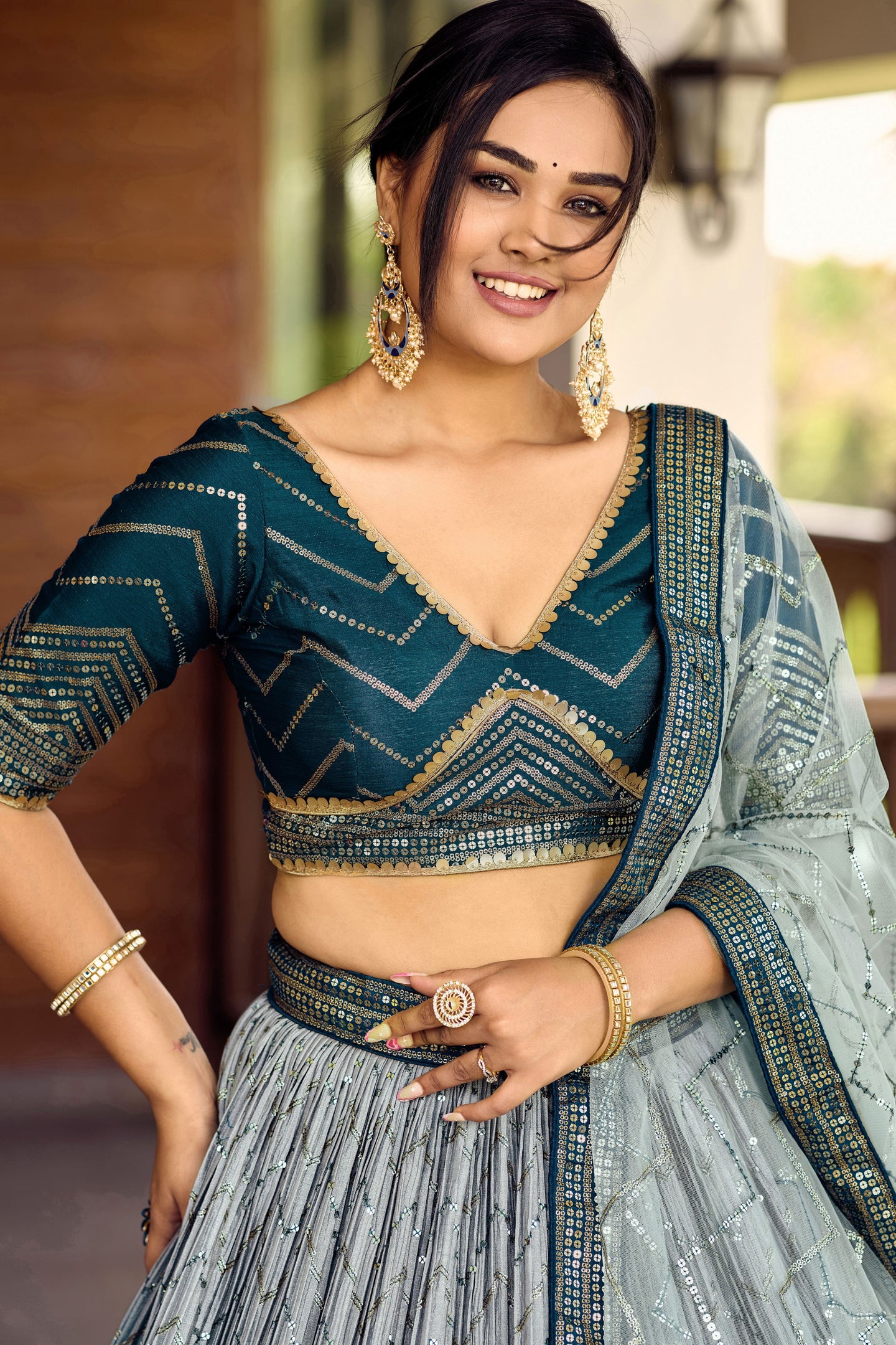 Blue Chinon Silk Double Tone Partywear Lehenga Choli with Sequins Work