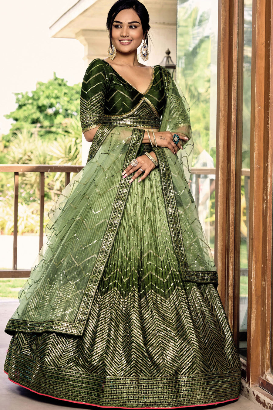Green Chinon Silk Double Tone Partywear Lehenga Choli with Embroidery