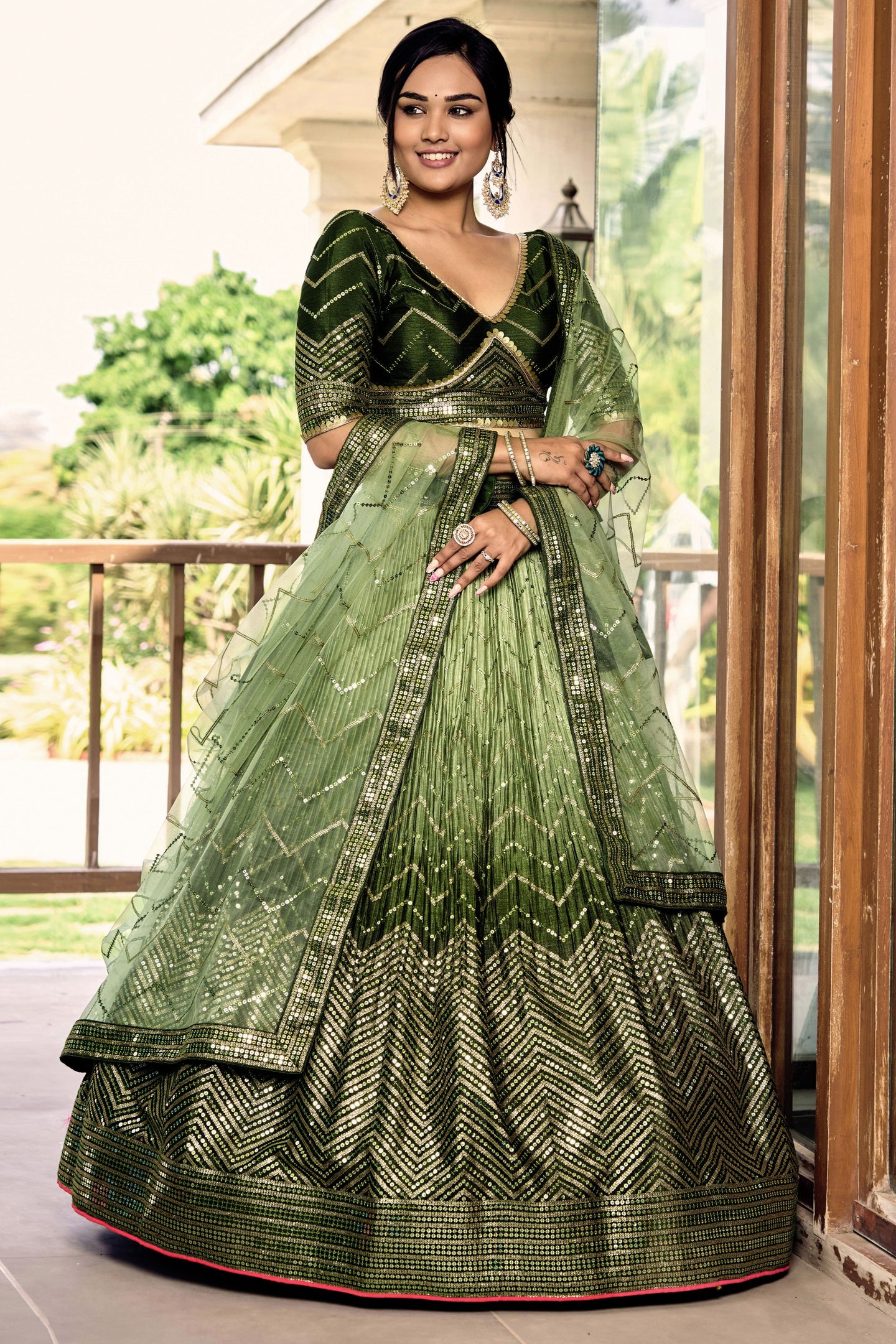Green Chinon Silk Double Tone Partywear Lehenga Choli with Embroidery