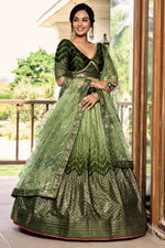 Green Chinon Silk Double Tone Partywear Lehenga Choli with Embroidery