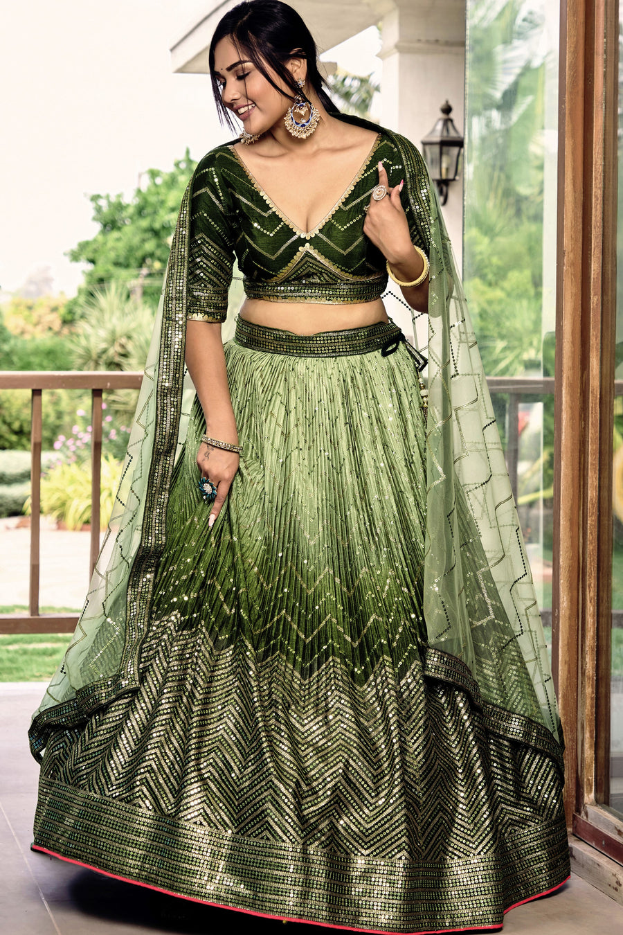 Green Chinon Silk Double Tone Partywear Lehenga Choli with Embroidery
