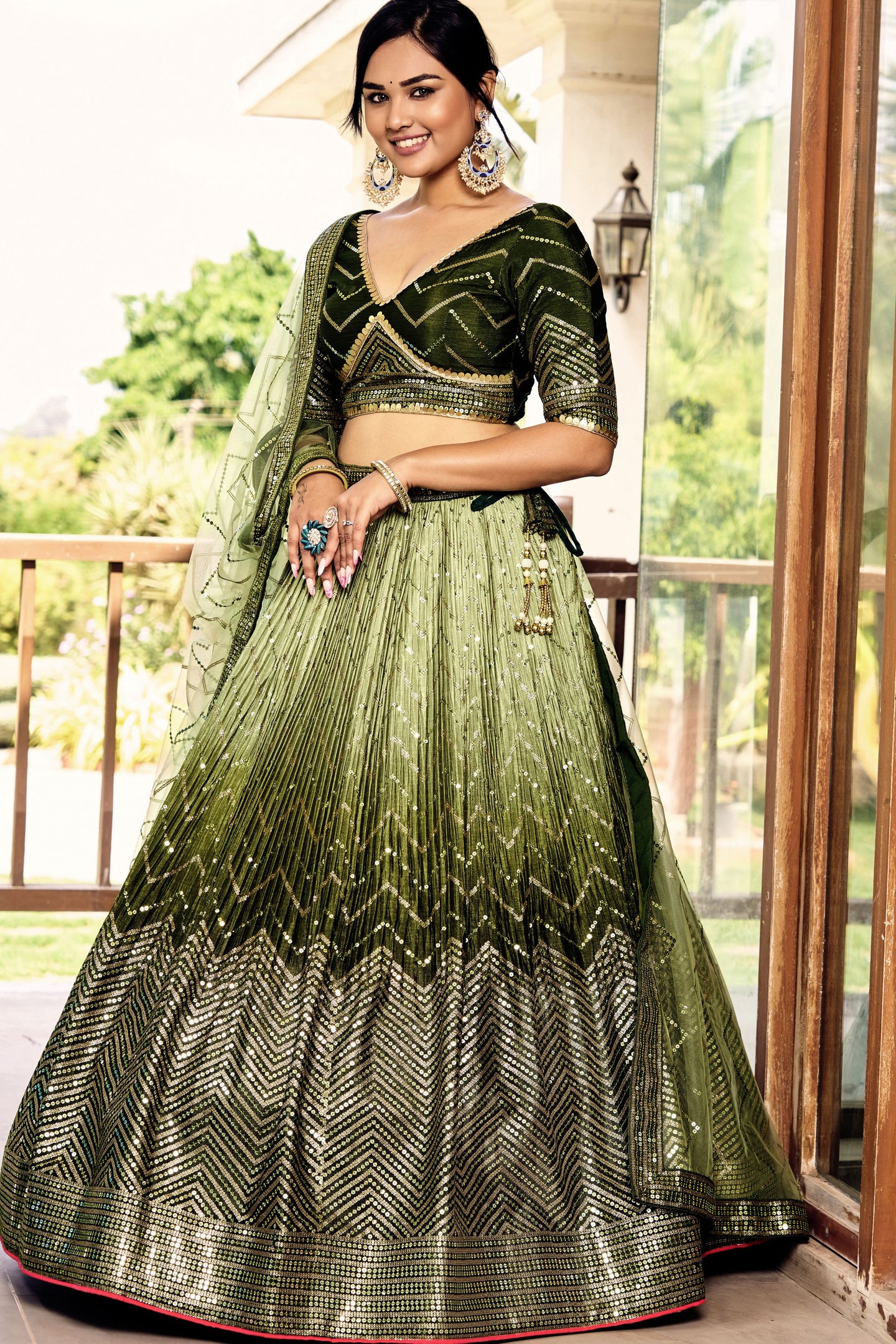 Green Chinon Silk Double Tone Partywear Lehenga Choli with Embroidery