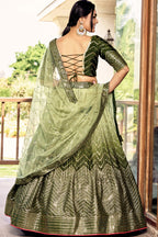 Green Chinon Silk Double Tone Partywear Lehenga Choli with Embroidery