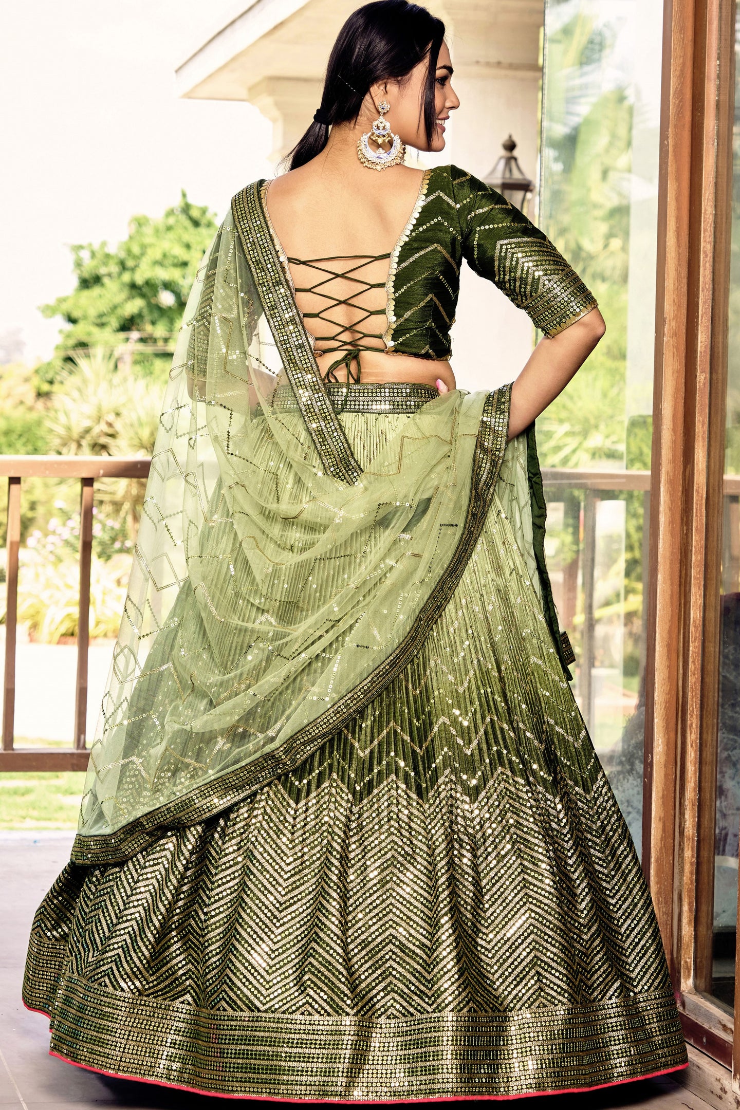 Green Chinon Silk Double Tone Partywear Lehenga Choli with Embroidery