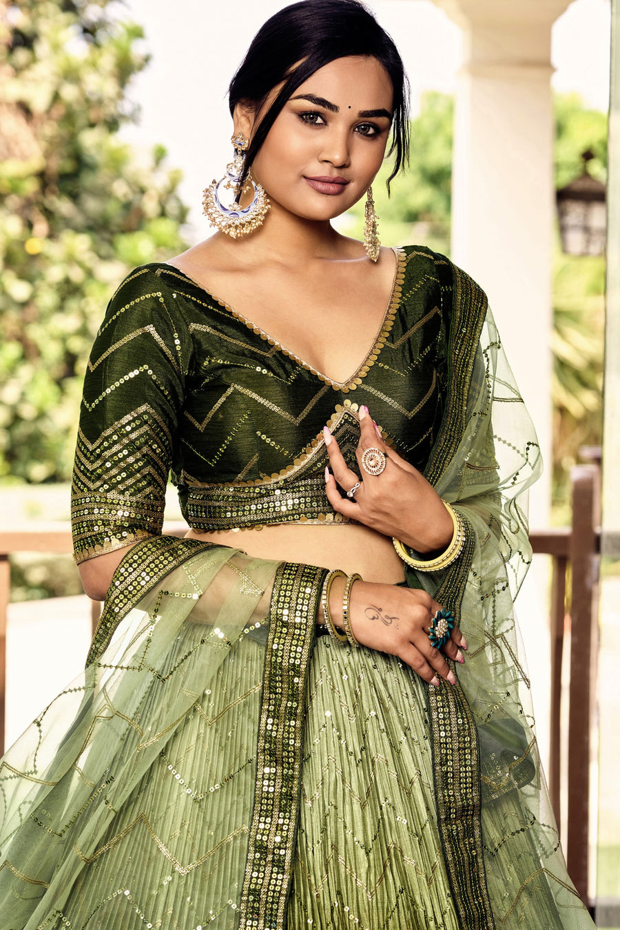 Green Chinon Silk Double Tone Partywear Lehenga Choli with Embroidery