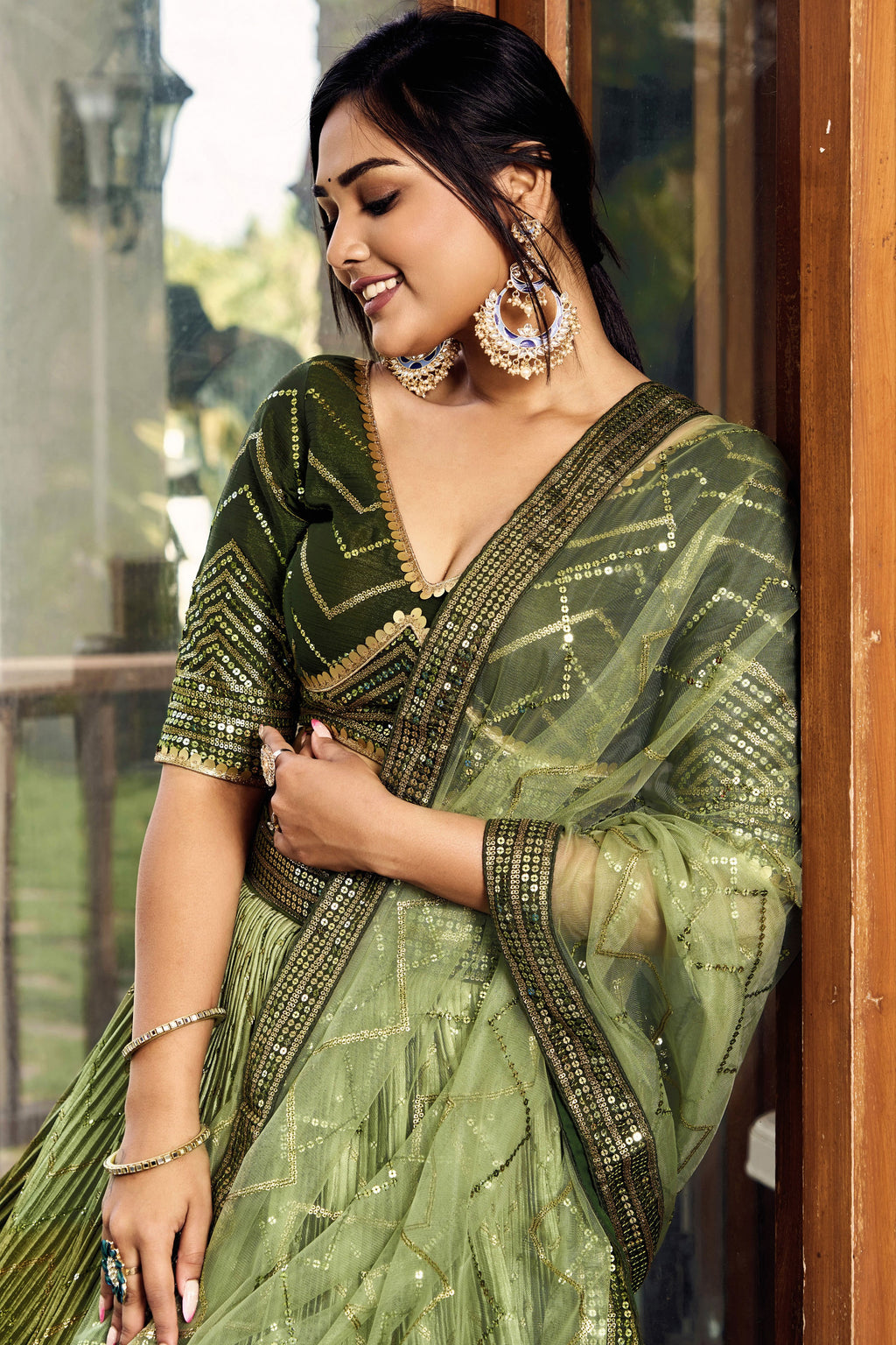 Green Chinon Silk Double Tone Partywear Lehenga Choli with Embroidery