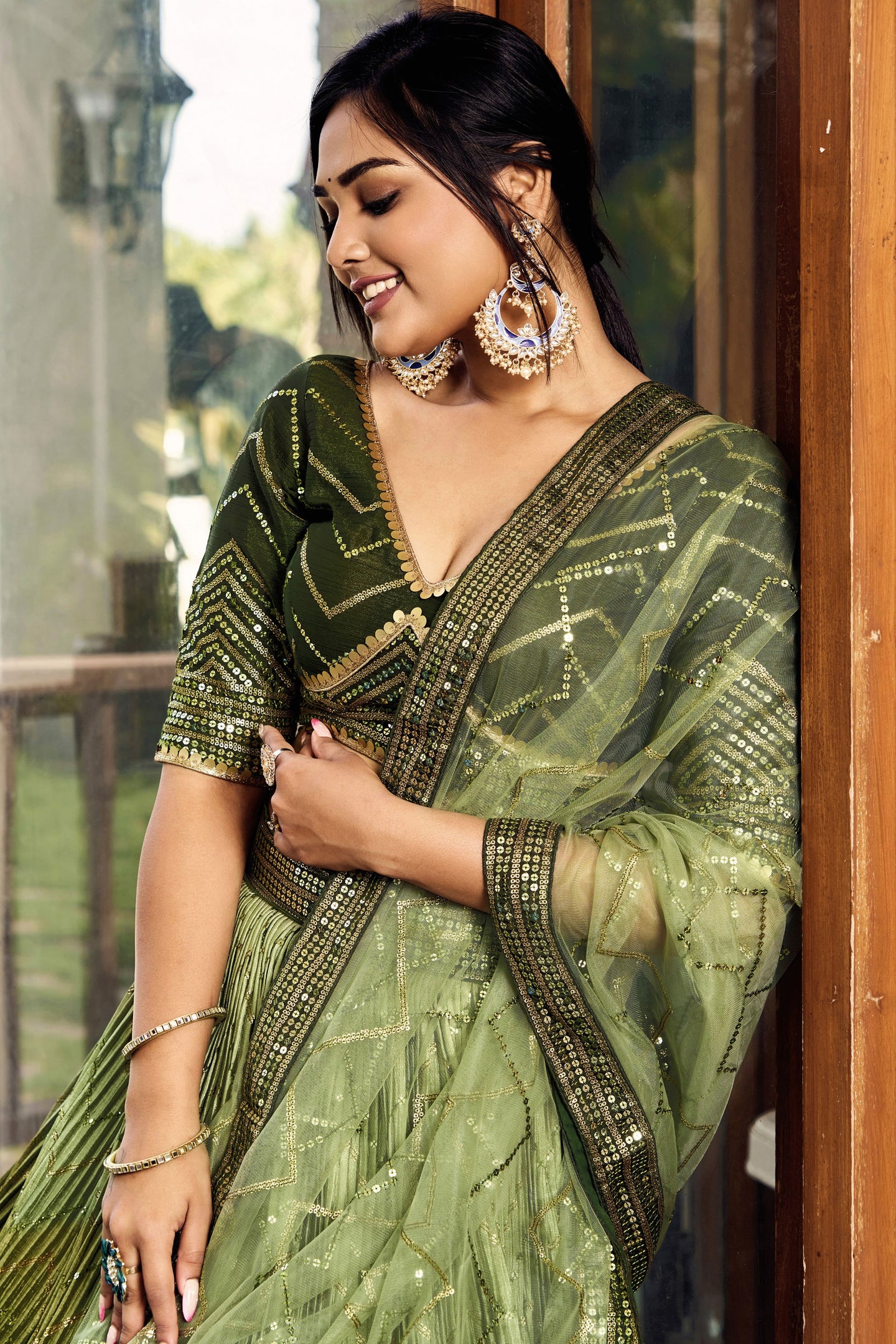 Green Chinon Silk Double Tone Partywear Lehenga Choli with Embroidery