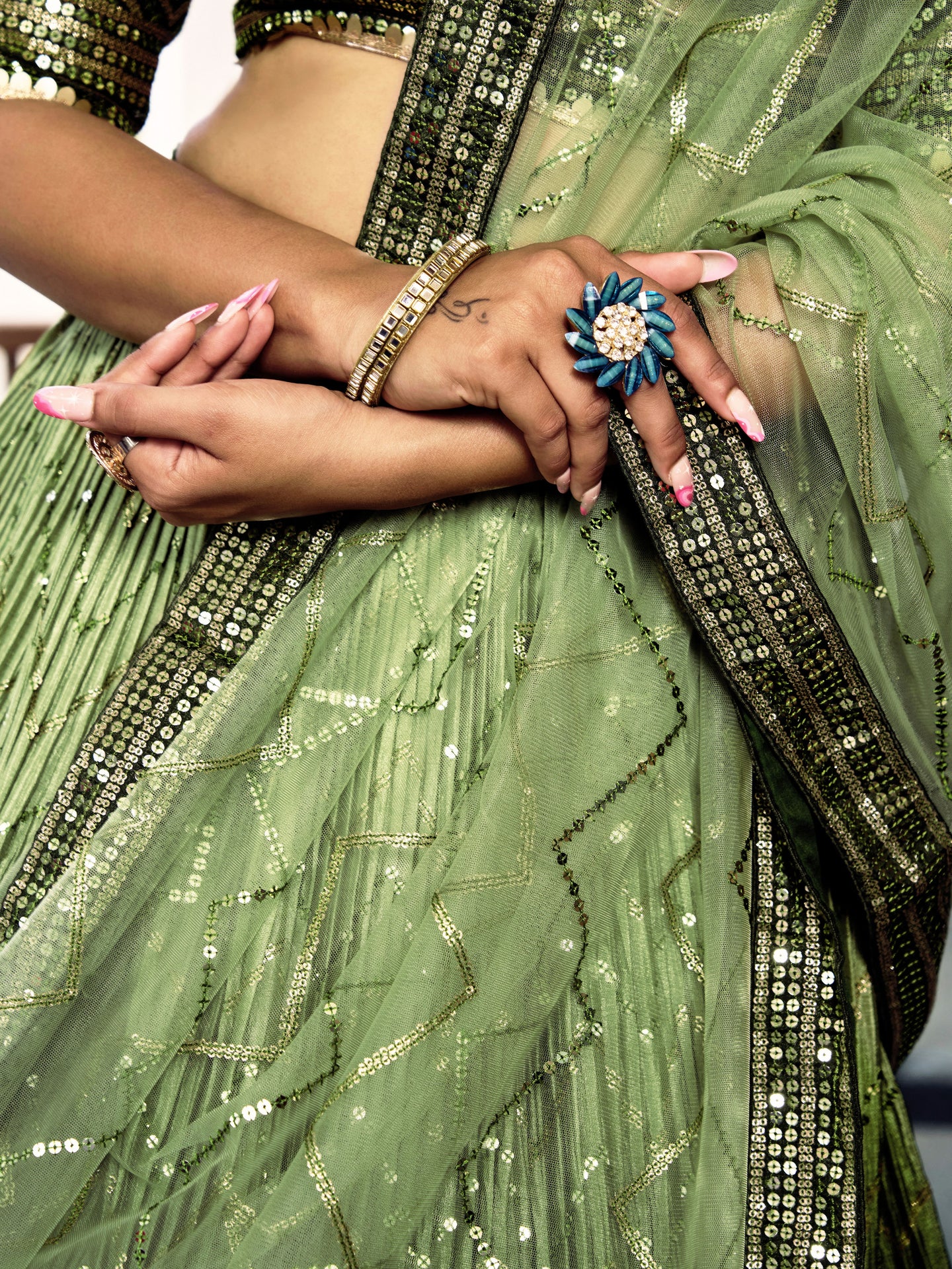 Green Chinon Silk Double Tone Partywear Lehenga Choli with Embroidery