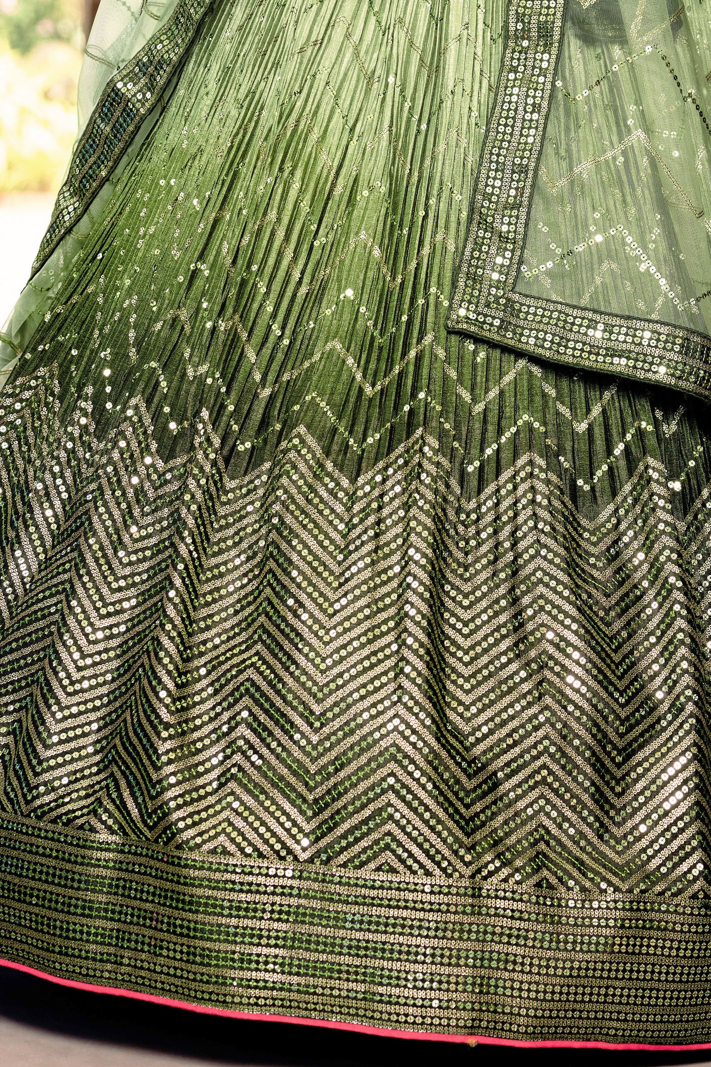 Green Chinon Silk Double Tone Partywear Lehenga Choli with Embroidery