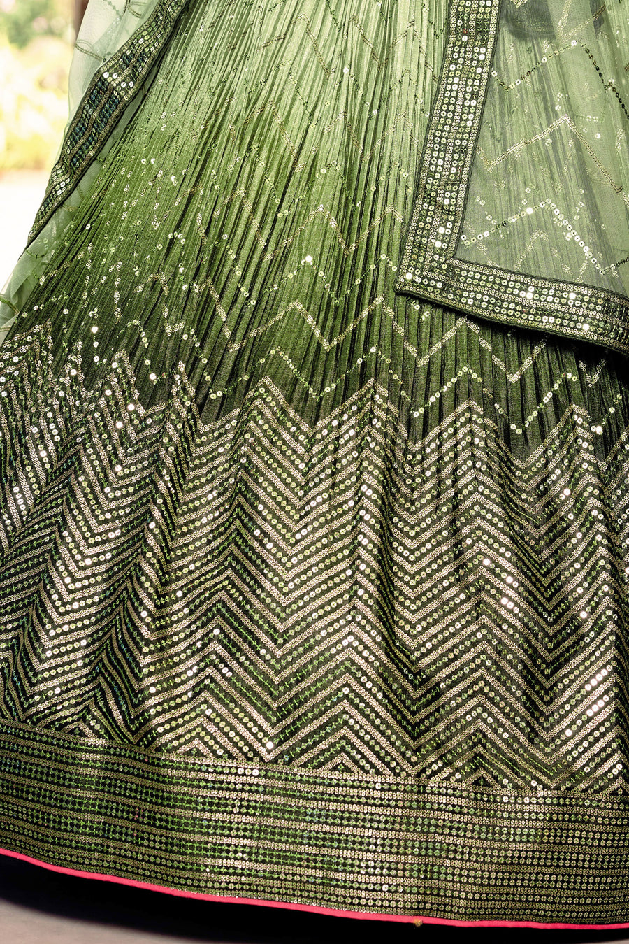 Green Chinon Silk Double Tone Partywear Lehenga Choli with Embroidery