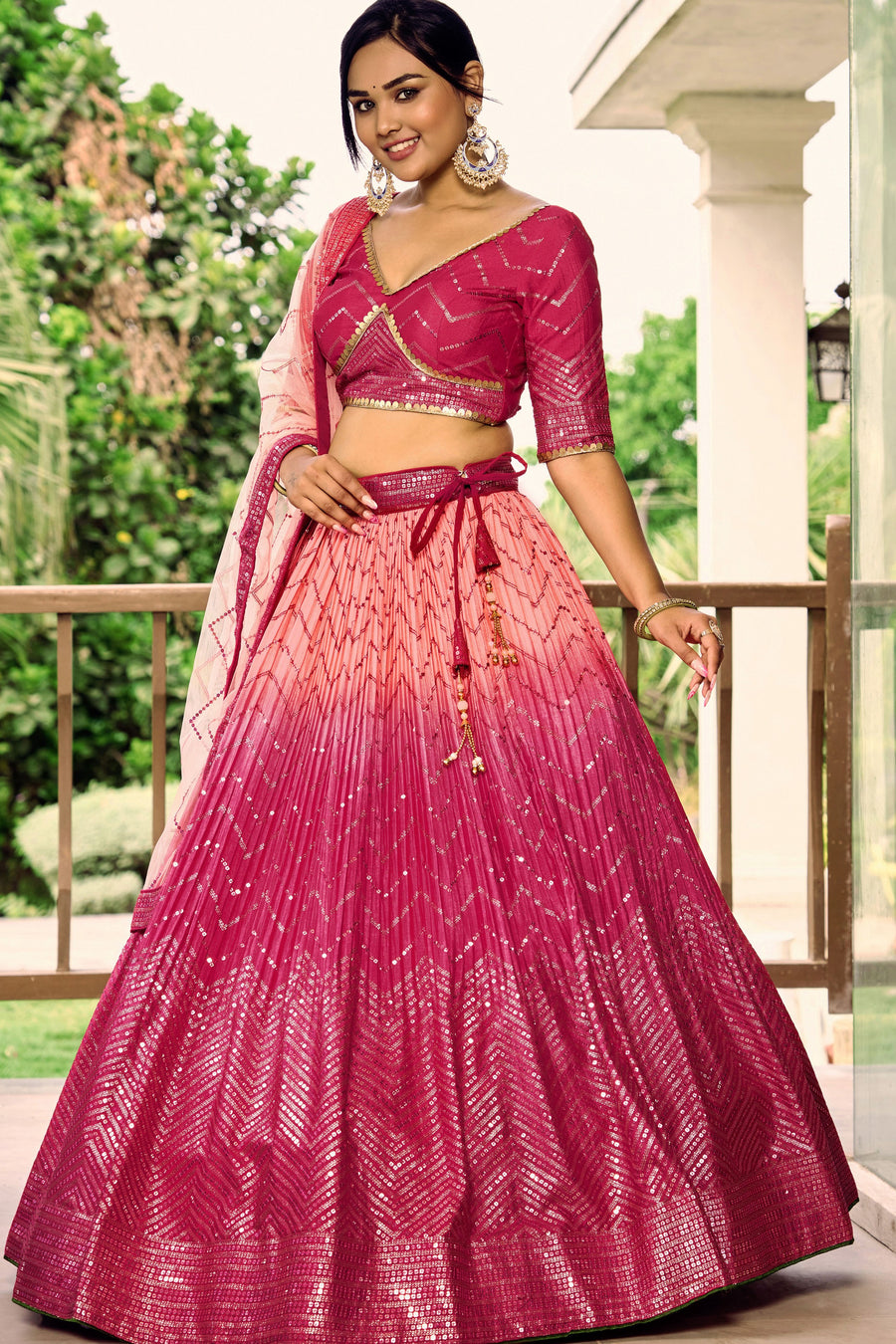 Pink Chinon Silk Double Tone Partywear Lehenga Choli with Thread and Sequins Embroidery