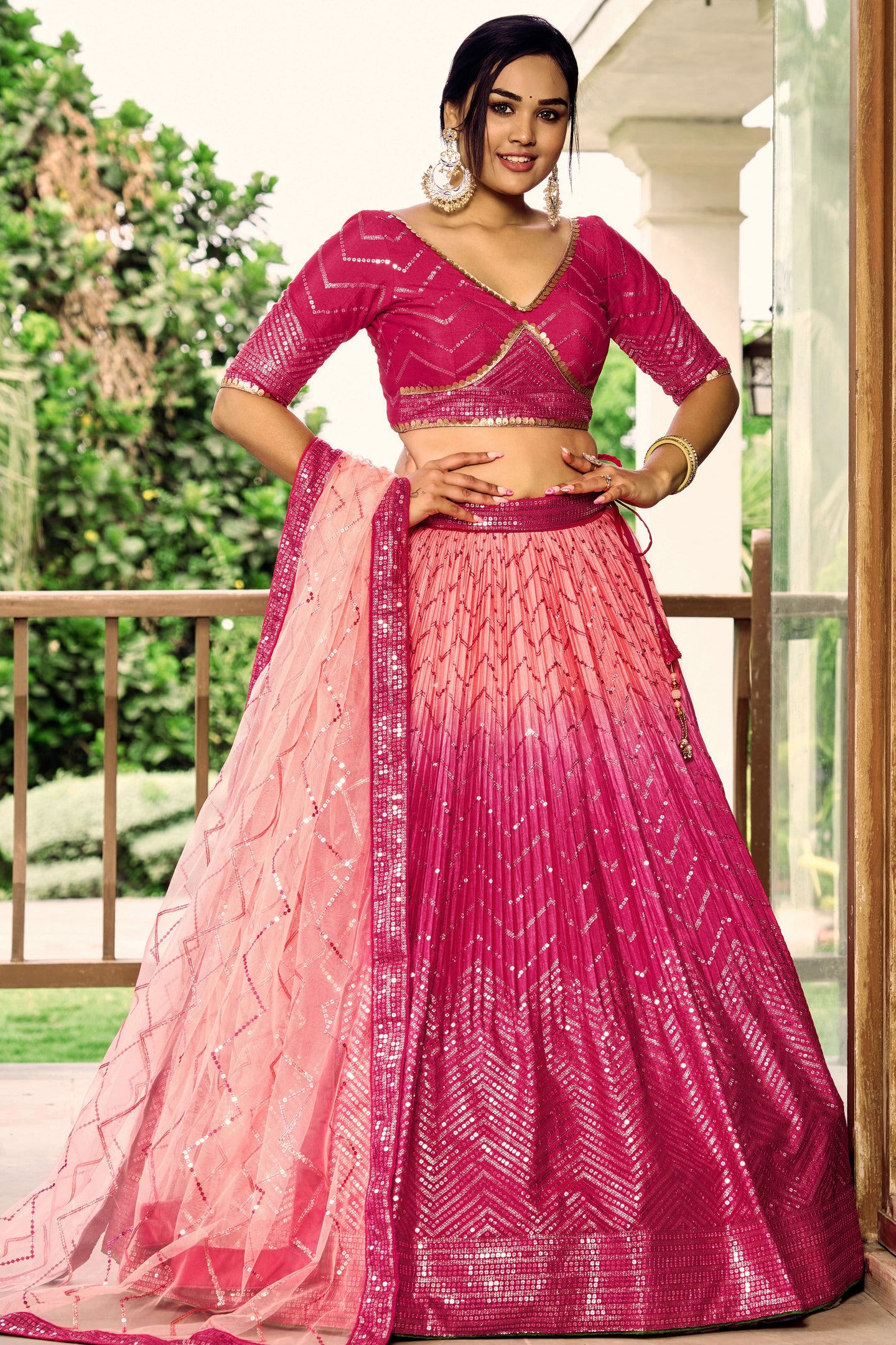 Pink Chinon Silk Double Tone Partywear Lehenga Choli with Thread & Sequins Embroidery