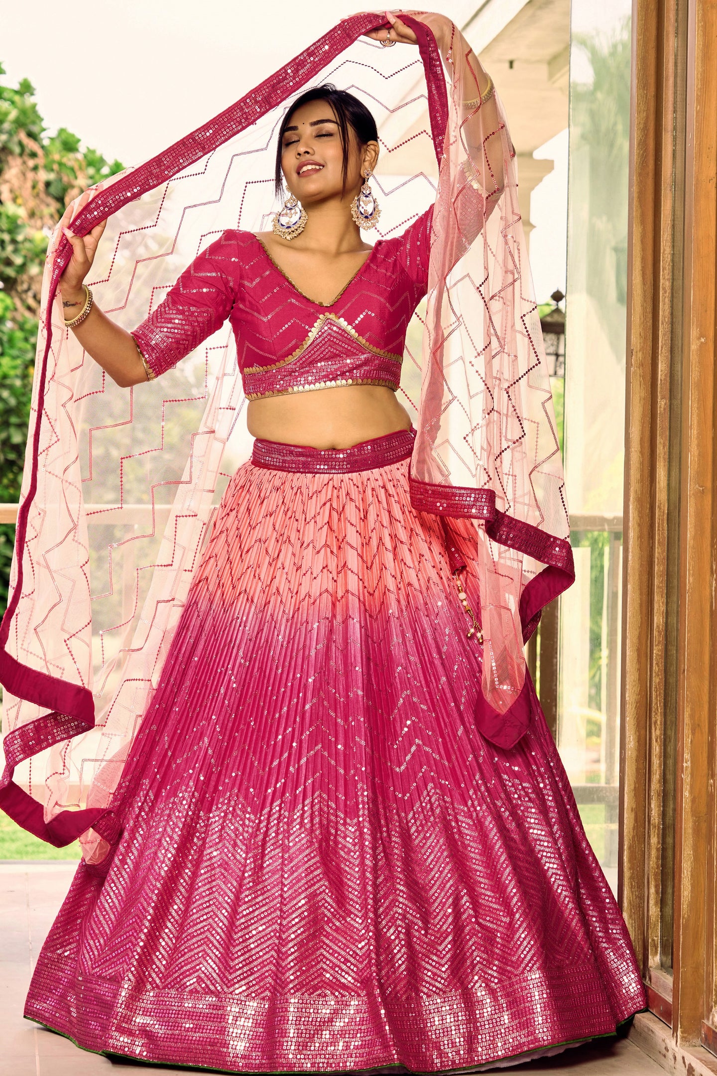 Pink Chinon Silk Double Tone Partywear Lehenga Choli with Thread and Sequins Embroidery