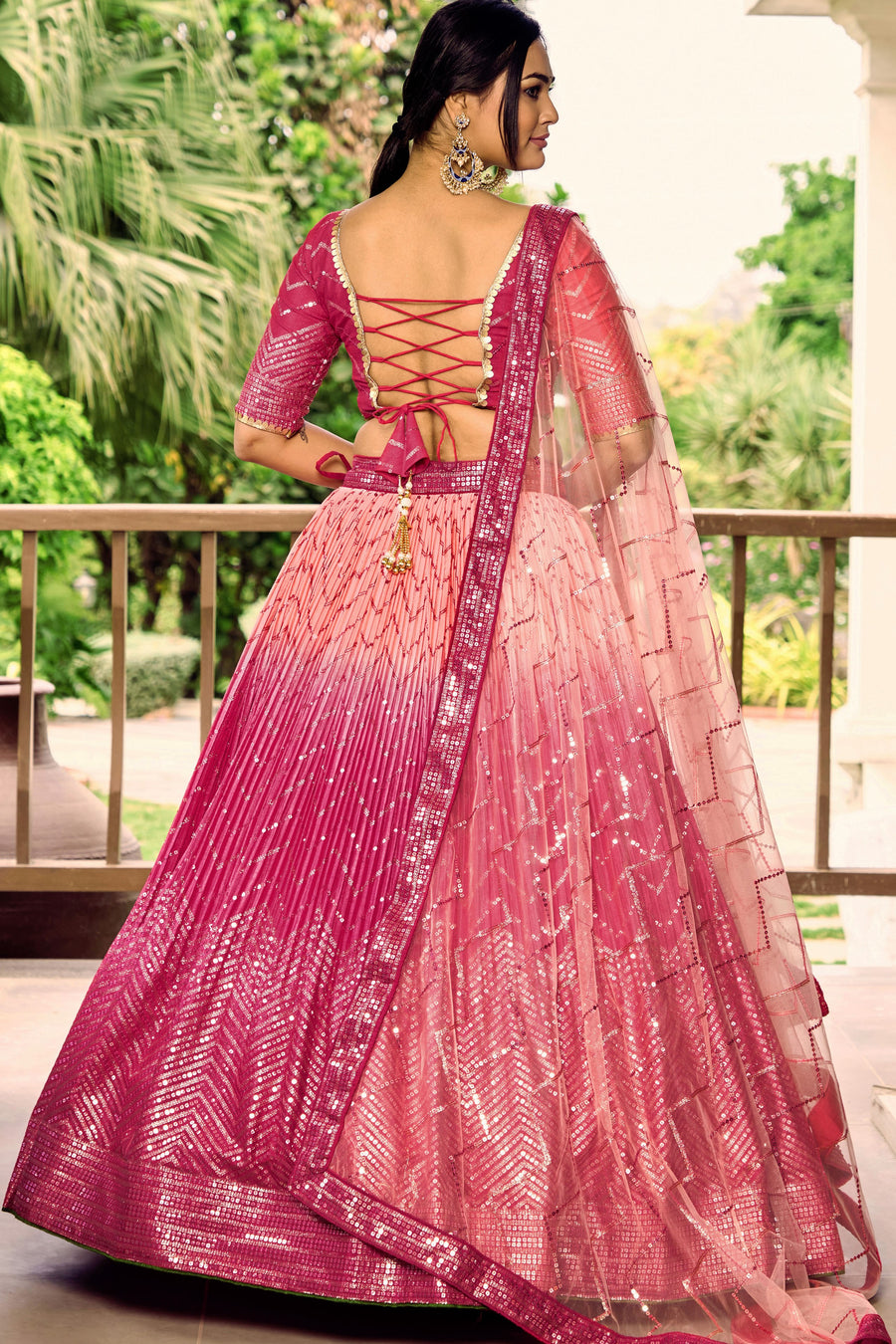 Pink Chinon Silk Double Tone Partywear Lehenga Choli with Thread and Sequins Embroidery