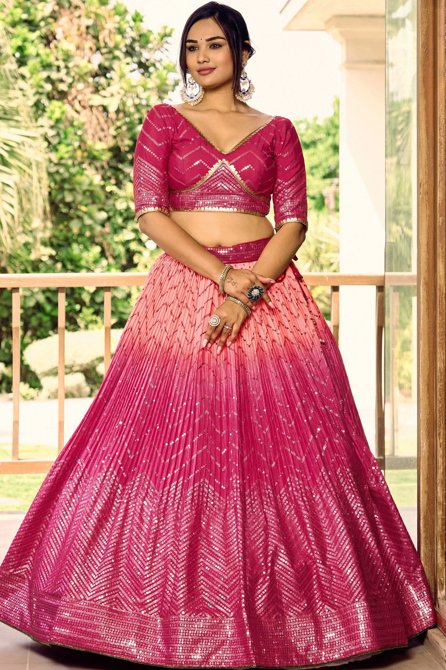 Pink Chinon Silk Double Tone Partywear Lehenga Choli with Thread and Sequins Embroidery