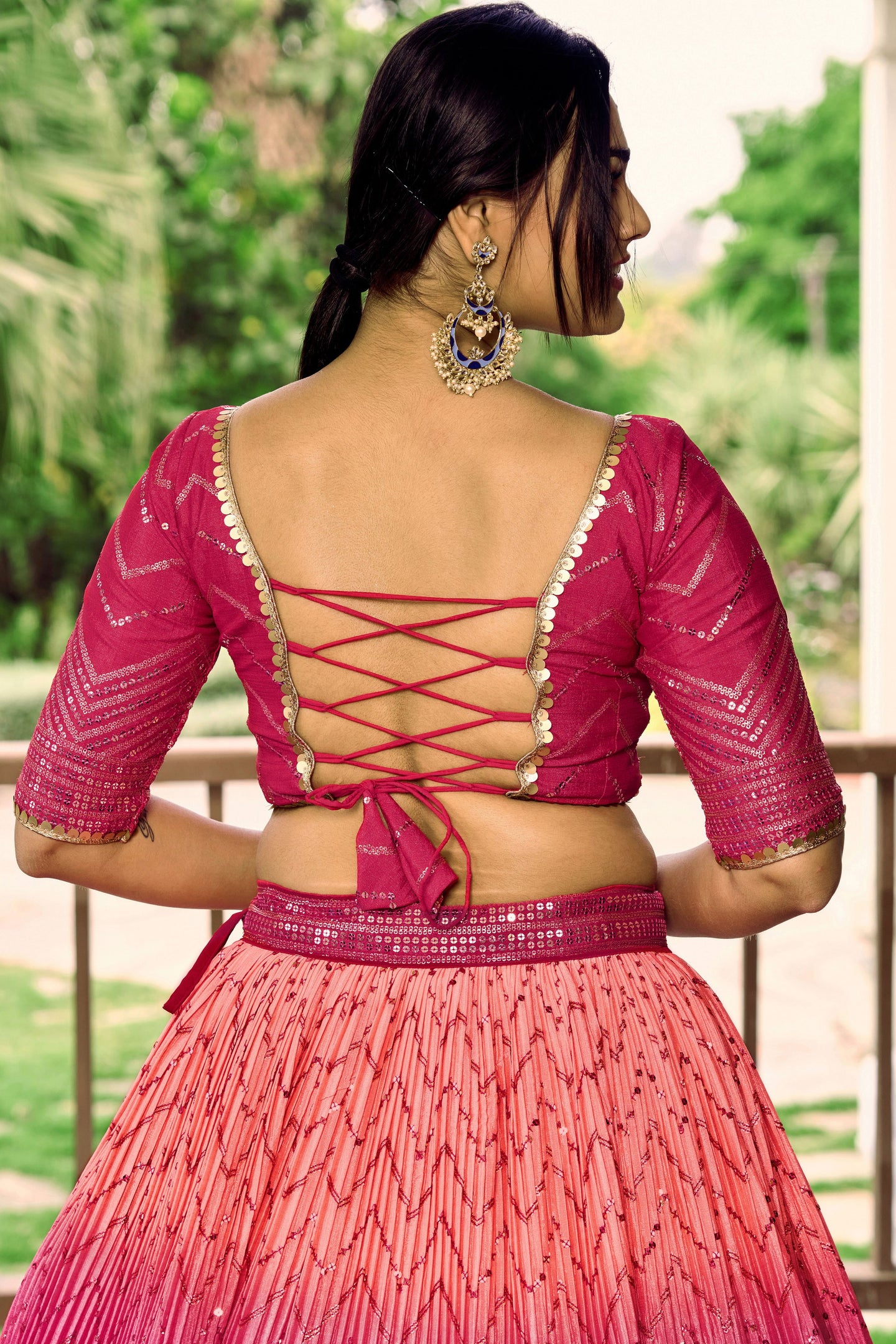 Pink Chinon Silk Double Tone Partywear Lehenga Choli with Thread and Sequins Embroidery