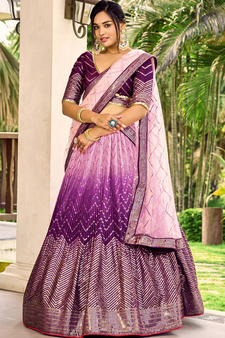 Purple Chinon Silk Double Tone Partywear Lehenga Choli with Embroidery Work