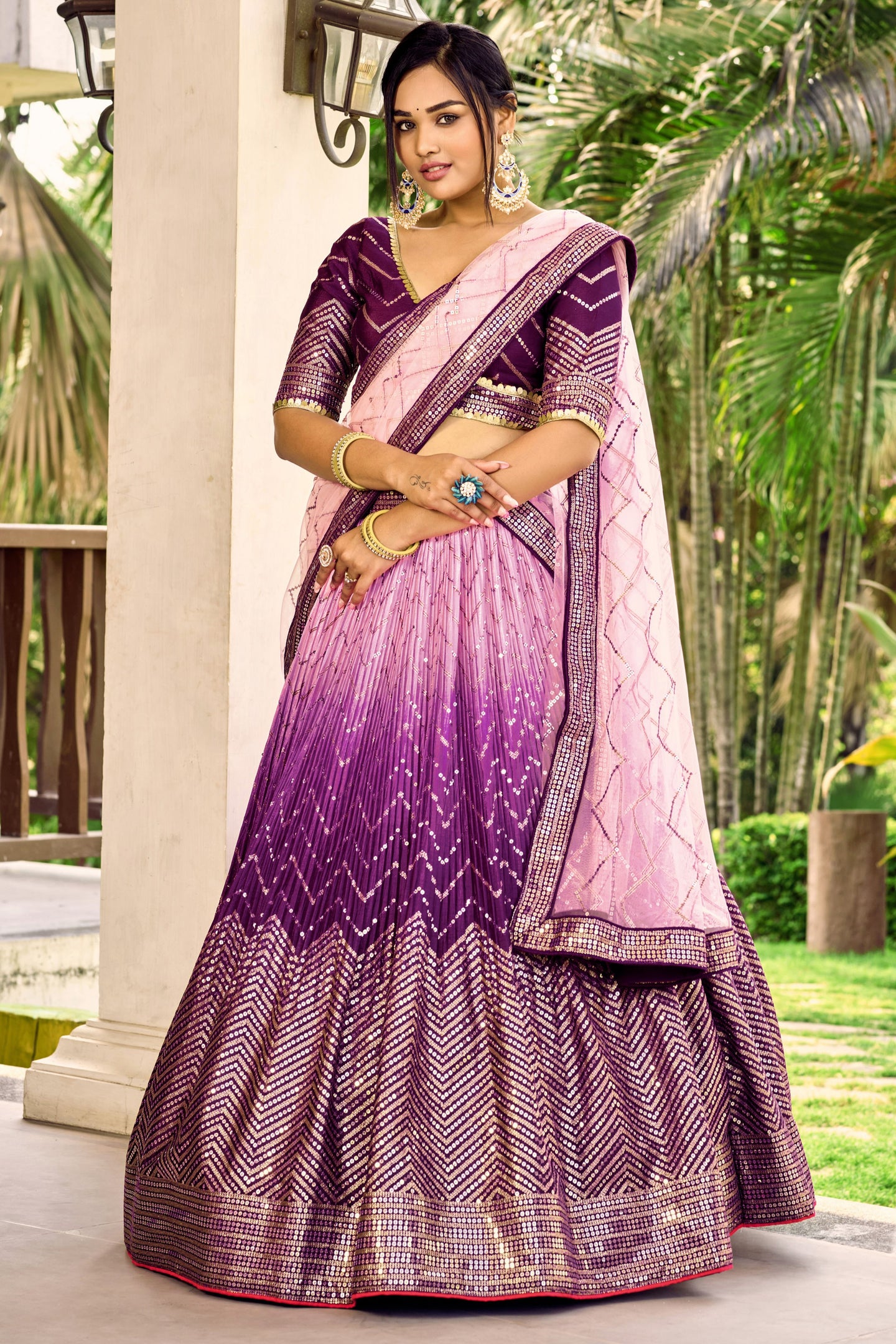 Purple Chinon Silk Double Tone Partywear Lehenga Choli with Embroidery Work
