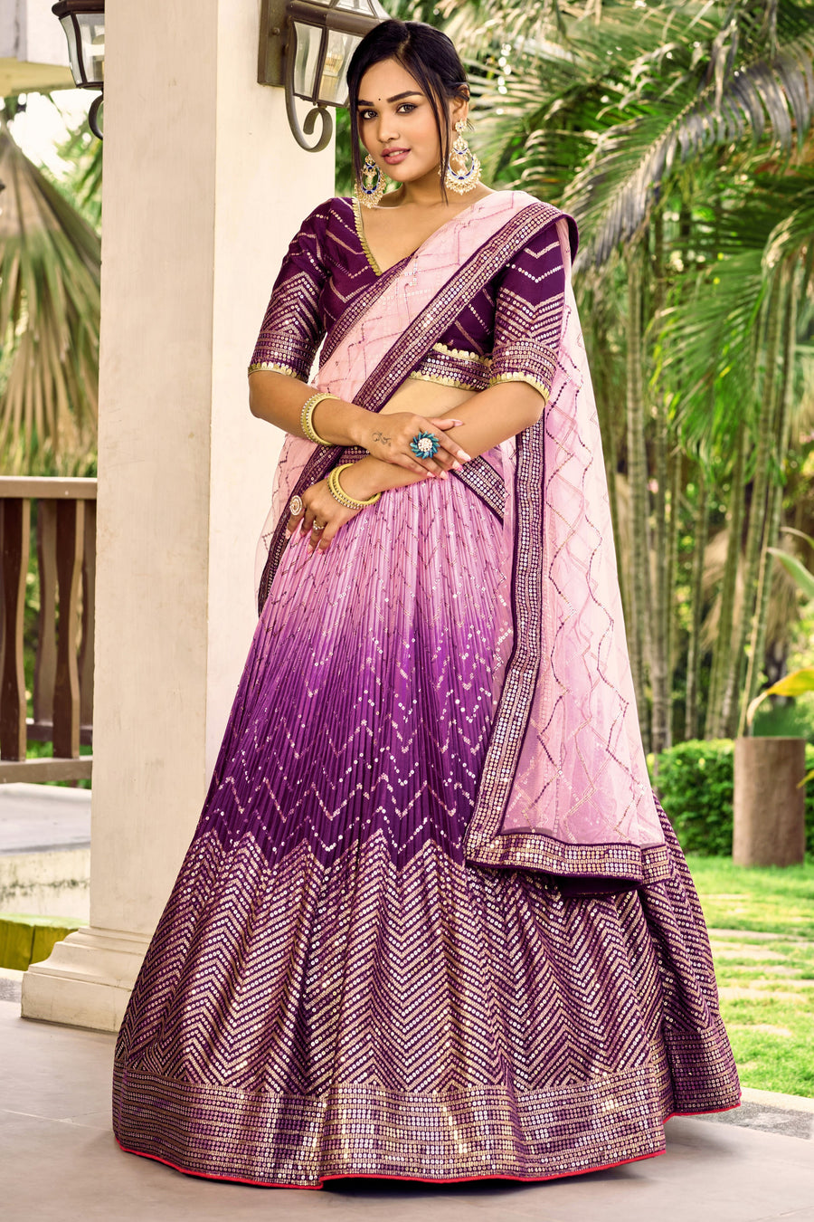 Purple Chinon Silk Double Tone Partywear Lehenga Choli with Embroidery Work