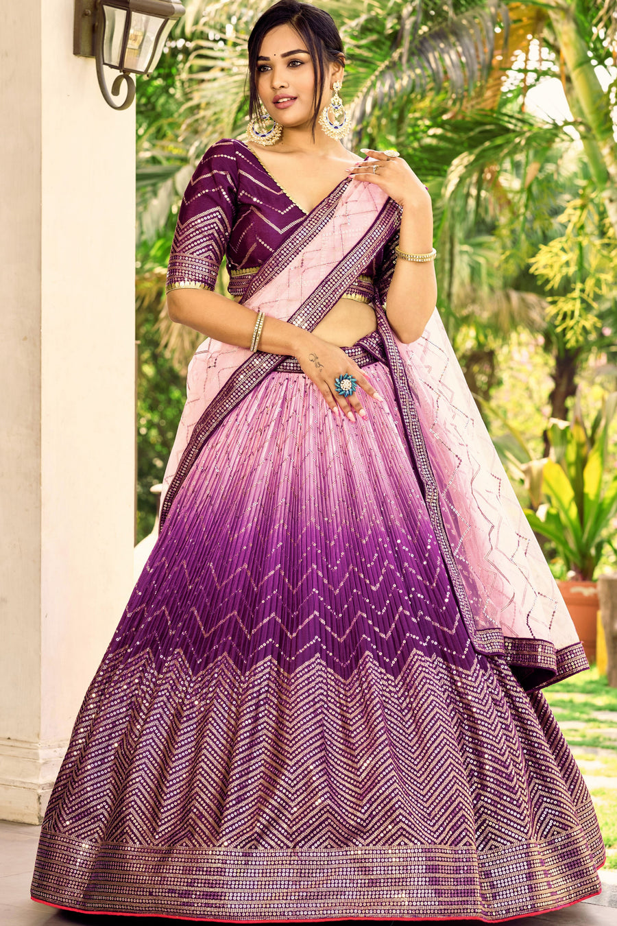 Purple Chinon Silk Double Tone Partywear Lehenga Choli with Embroidery Work