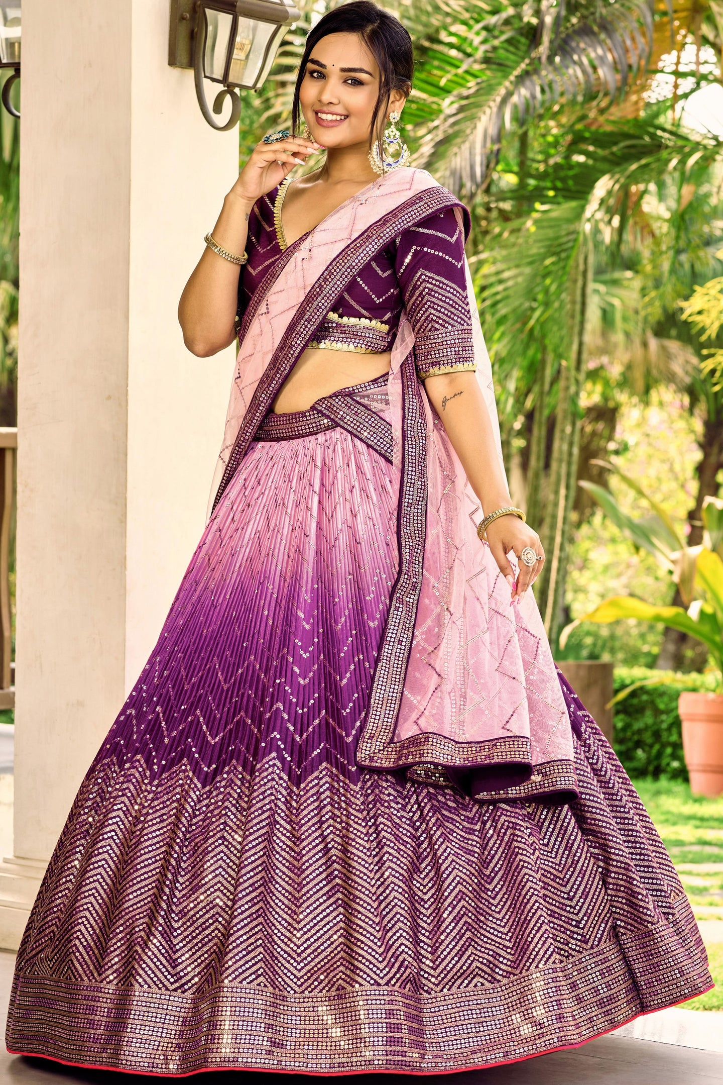 Purple Chinon Silk Double Tone Partywear Lehenga Choli with Embroidery Work