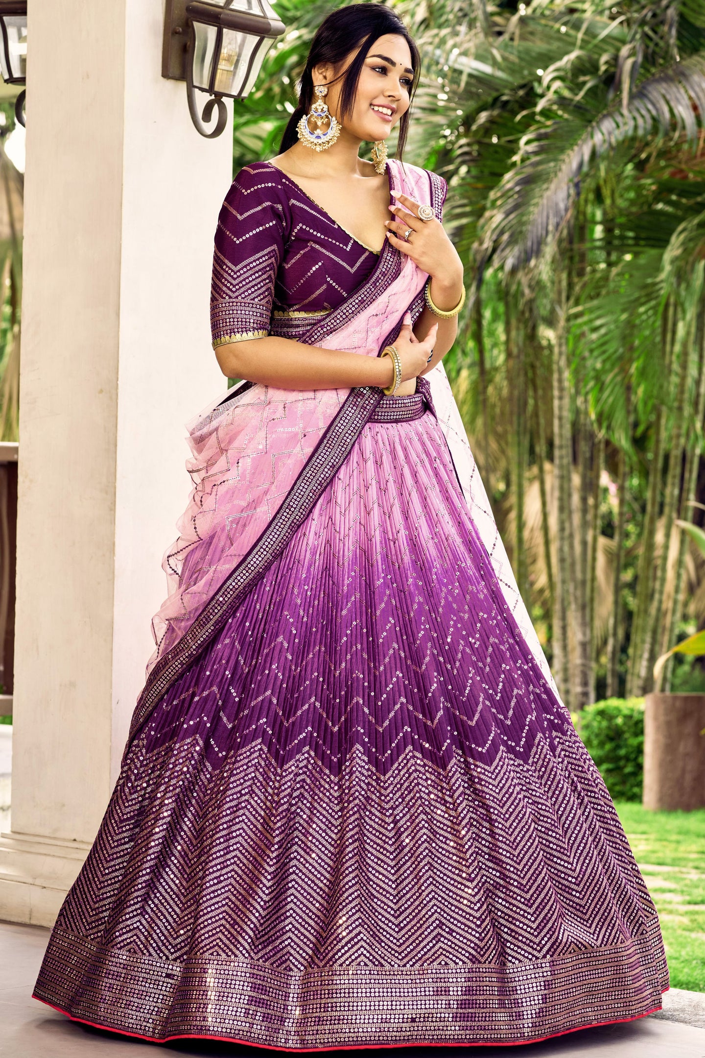 Purple Chinon Silk Double Tone Partywear Lehenga Choli with Embroidery Work