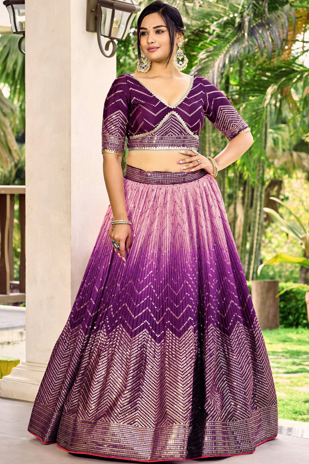 Purple Chinon Silk Double Tone Partywear Lehenga Choli with Embroidery Work