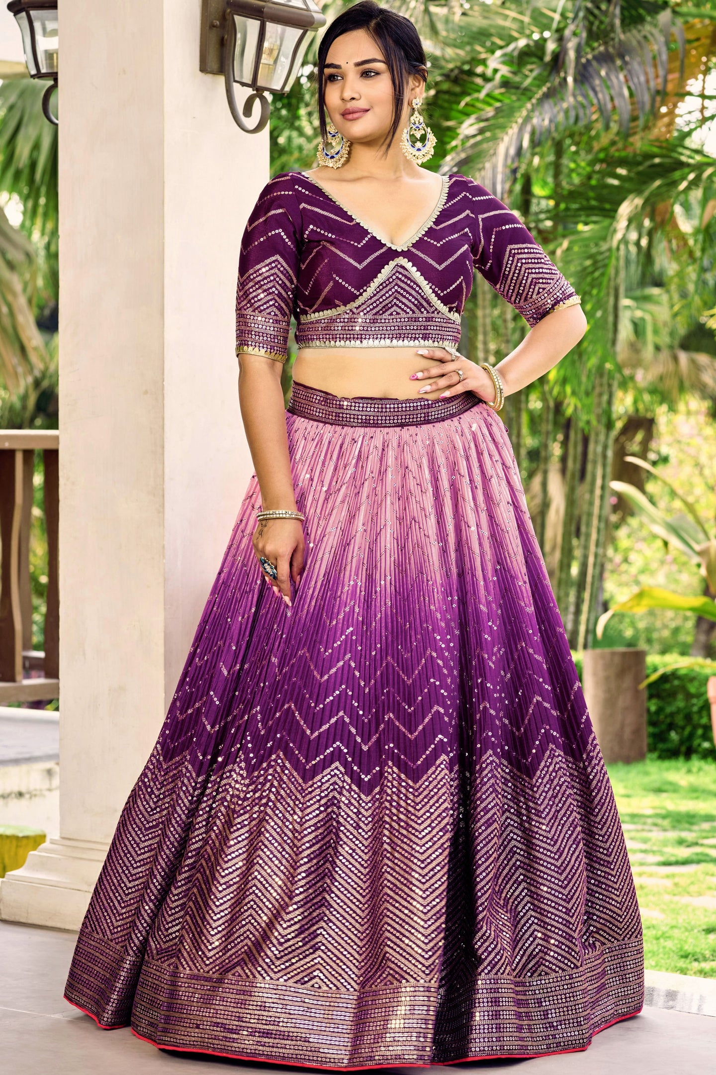 Purple Chinon Silk Double Tone Partywear Lehenga Choli with Embroidery Work
