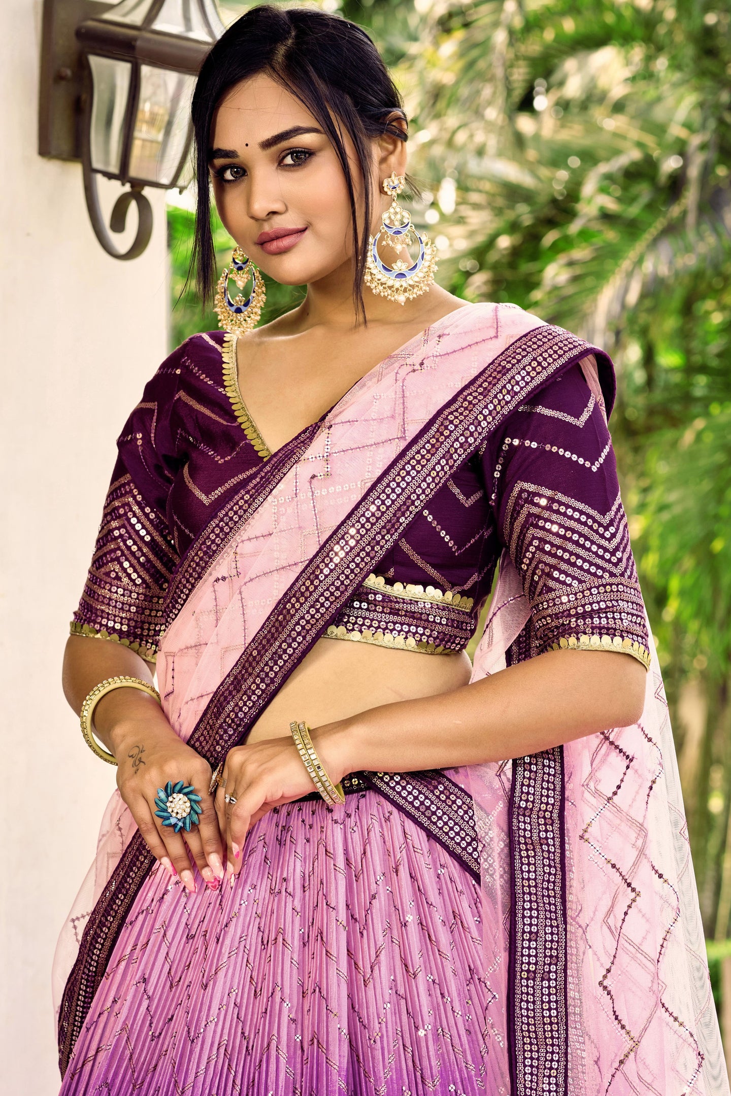 Purple Chinon Silk Double Tone Partywear Lehenga Choli with Embroidery Work