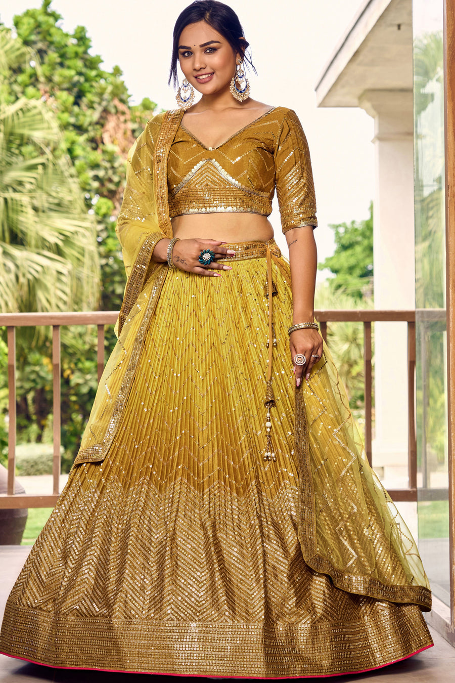 Yellow Chinon Silk Double Tone Partywear Lehenga Choli with Sequins Embroidery