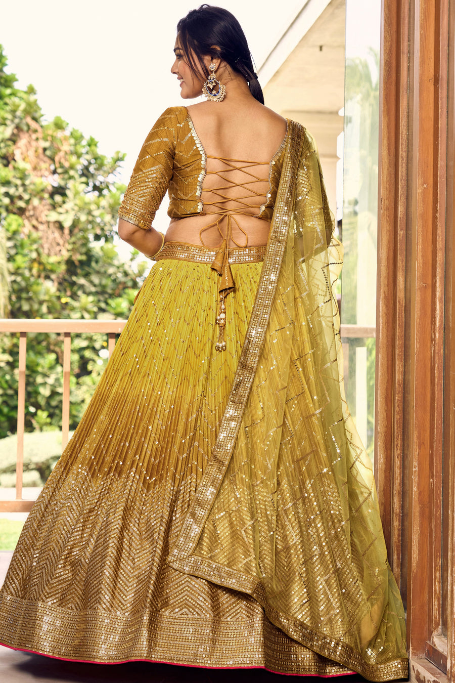 Yellow Chinon Silk Double Tone Partywear Lehenga Choli with Sequins Embroidery