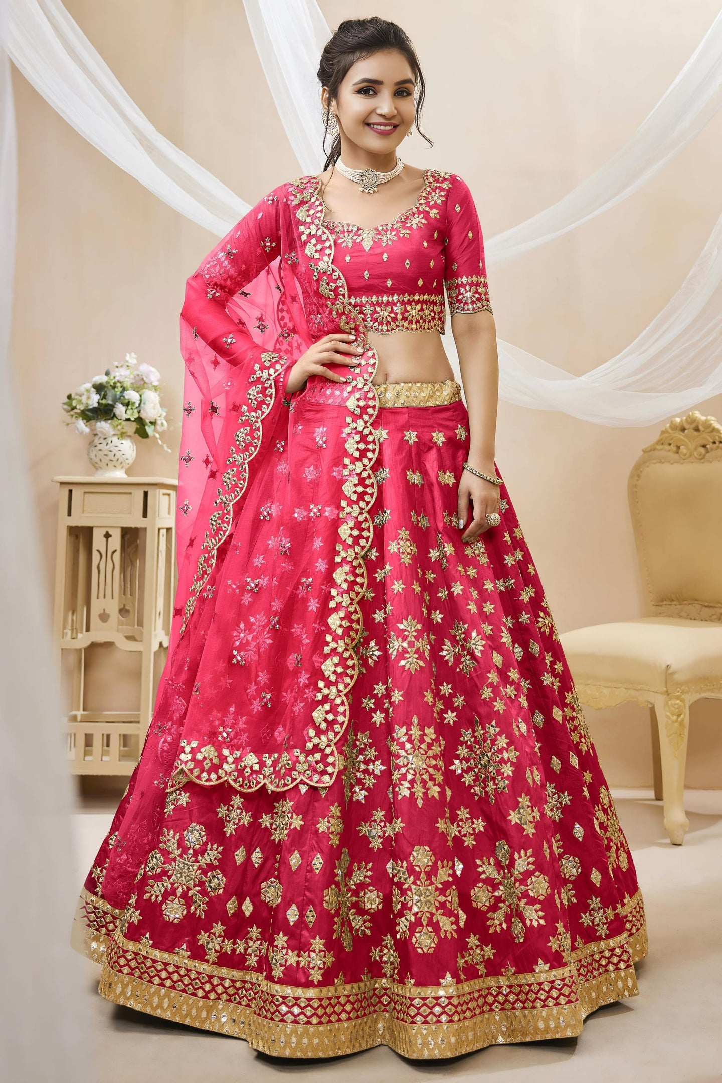 Pink Art Silk Lehenga Choli For Indian & Pakistani Wedding Festival - Sequins & Thread Embroidery Work, Zari Work