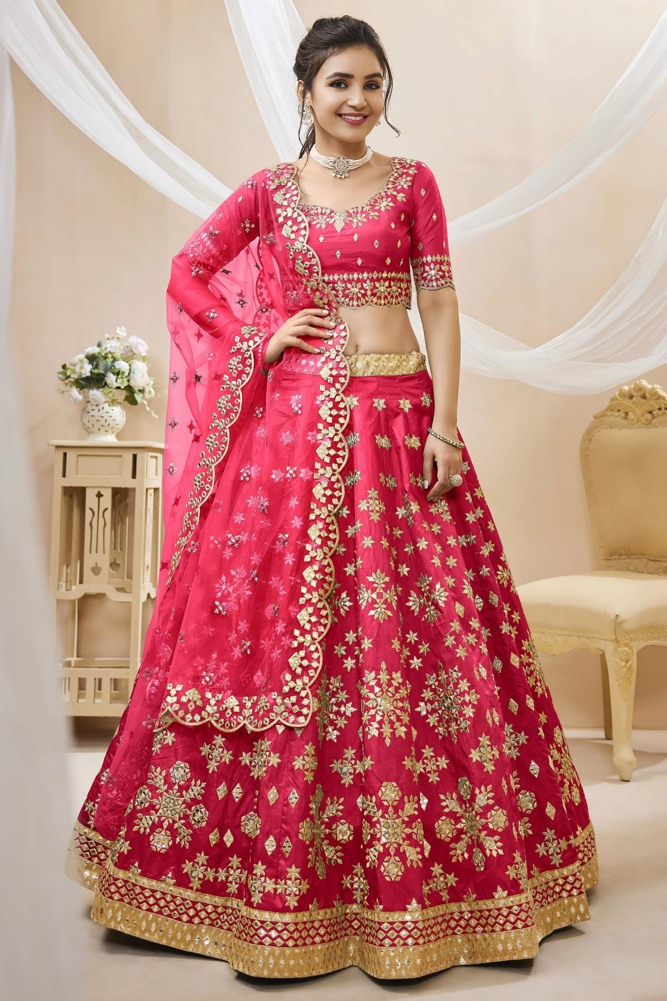 Pink Art Silk Lehenga Choli For Indian & Pakistani Wedding Festival - Sequins & Thread Embroidery Work, Zari Work