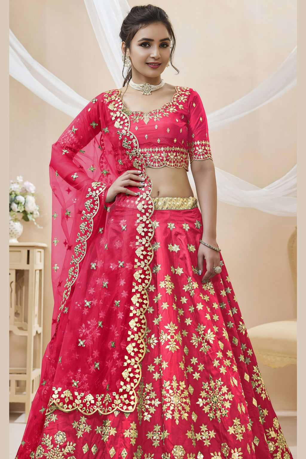 Pink Art Silk Lehenga Choli For Indian & Pakistani Wedding Festival - Sequins & Thread Embroidery Work, Zari Work