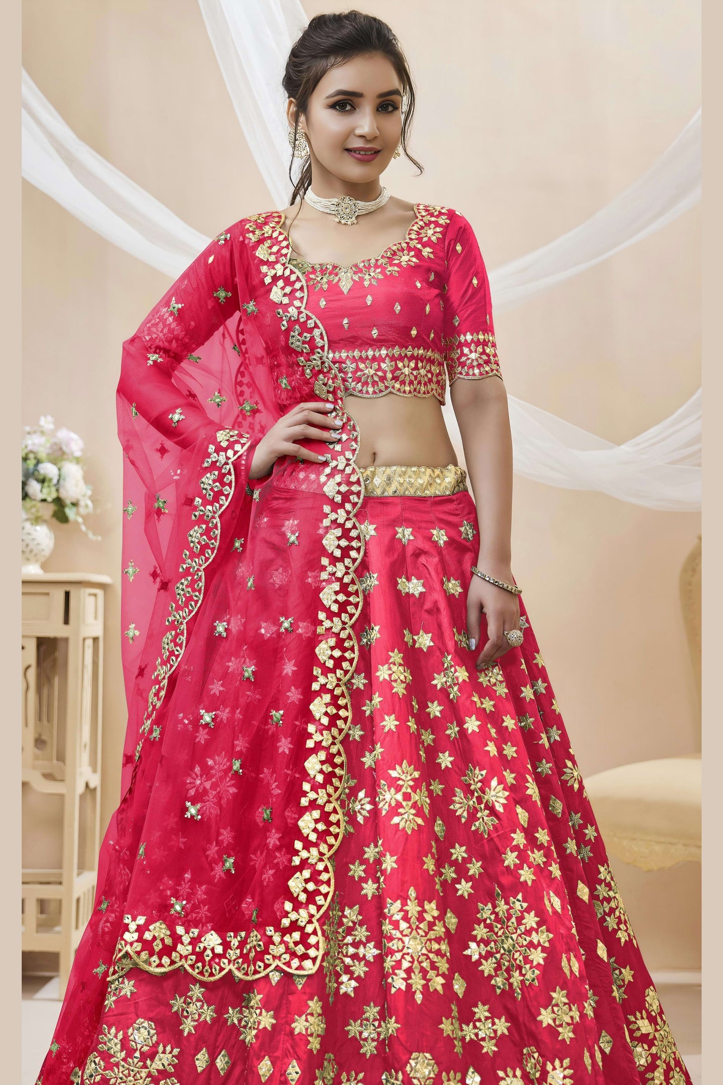 Pink Art Silk Lehenga Choli For Indian & Pakistani Wedding Festival - Sequins & Thread Embroidery Work, Zari Work
