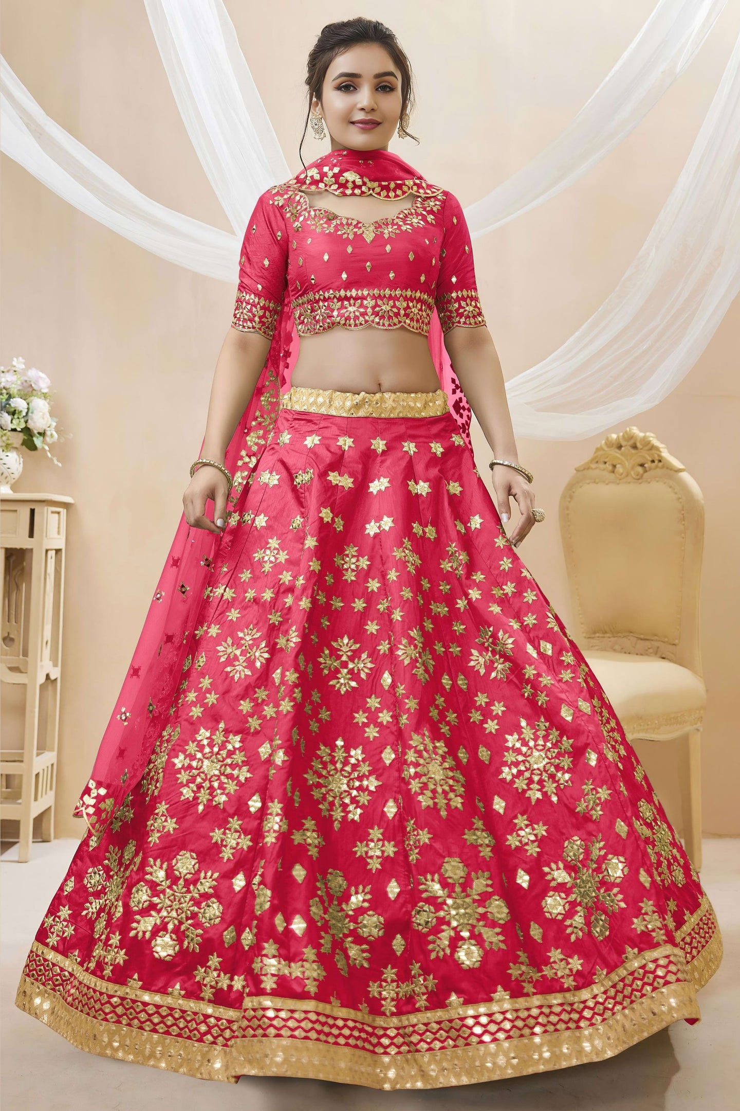 Pink Art Silk Lehenga Choli For Indian & Pakistani Wedding Festival - Sequins & Thread Embroidery Work, Zari Work