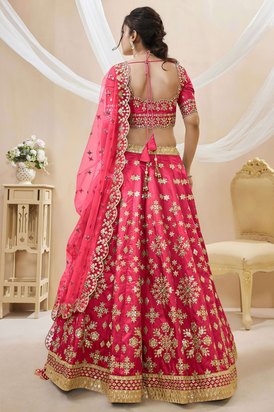 Pink Art Silk Lehenga Choli For Indian & Pakistani Wedding Festival - Sequins & Thread Embroidery Work, Zari Work