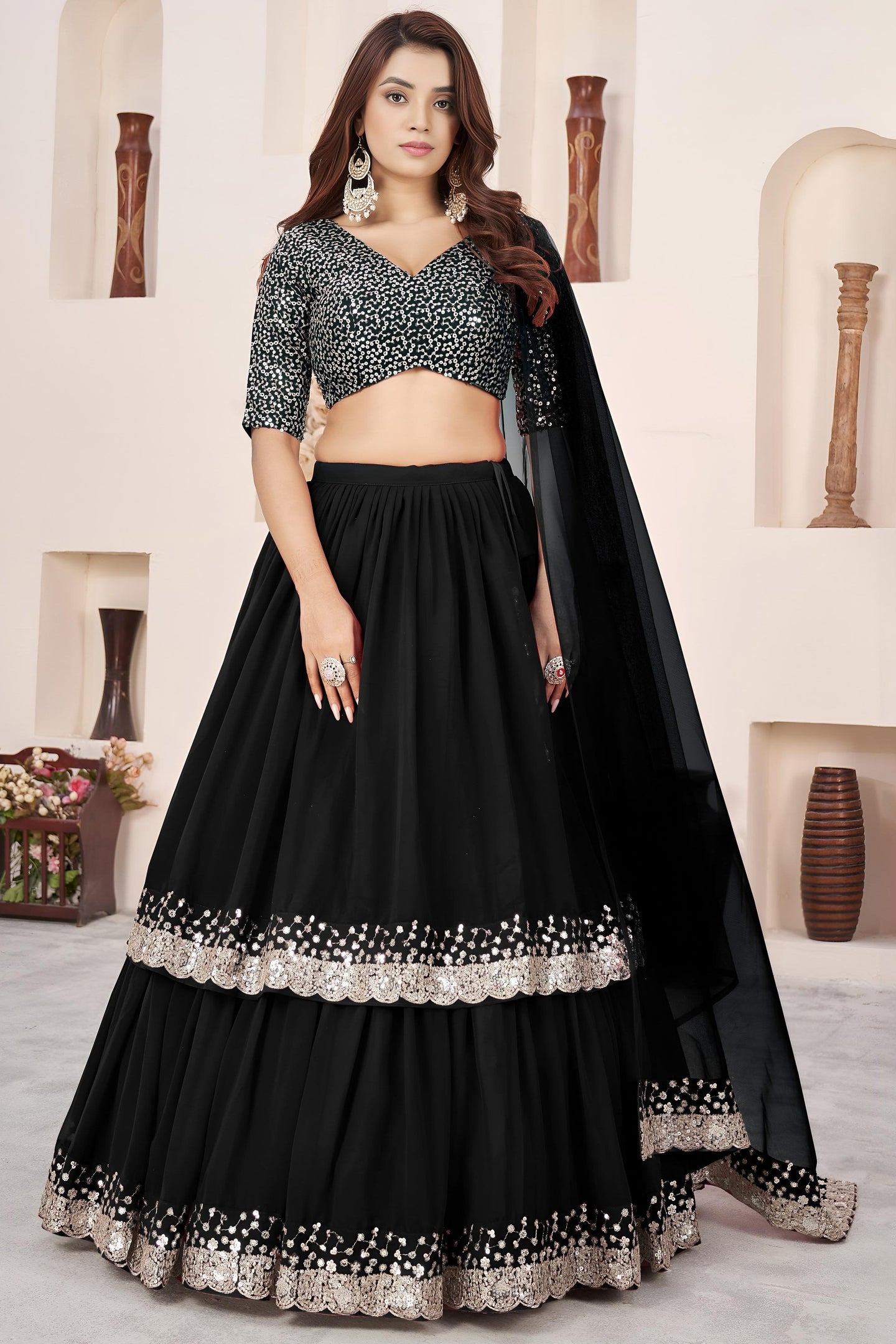 Black Georgette Lehenga Choli For Indian & Pakistani Wedding Festival - Sequence Embroidery Work, Zari Work