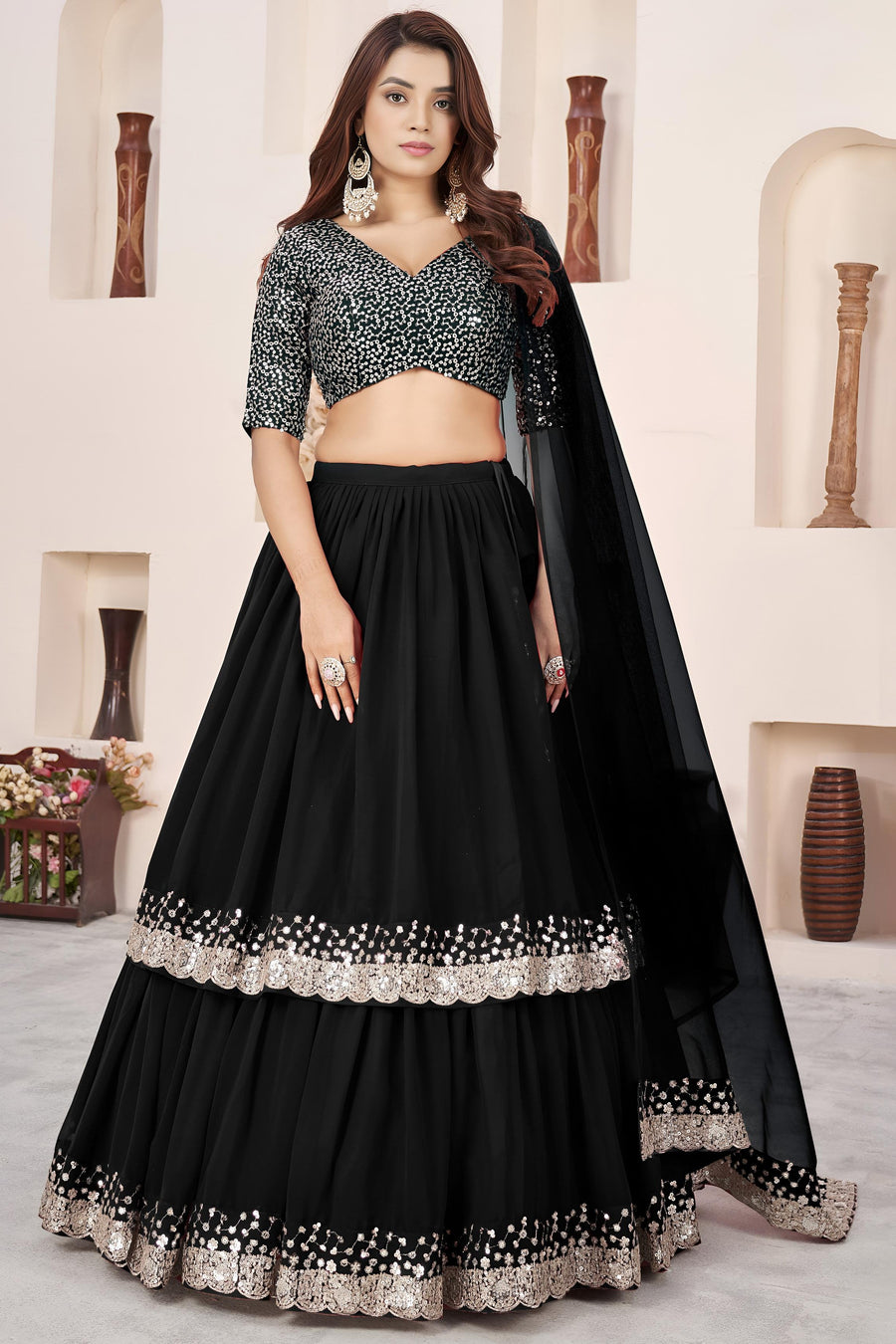 Black Georgette Lehenga Choli For Indian & Pakistani Wedding Festival - Sequence Embroidery Work, Zari Work