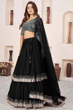 Black Georgette Lehenga Choli For Indian & Pakistani Wedding Festival - Sequence Embroidery Work, Zari Work