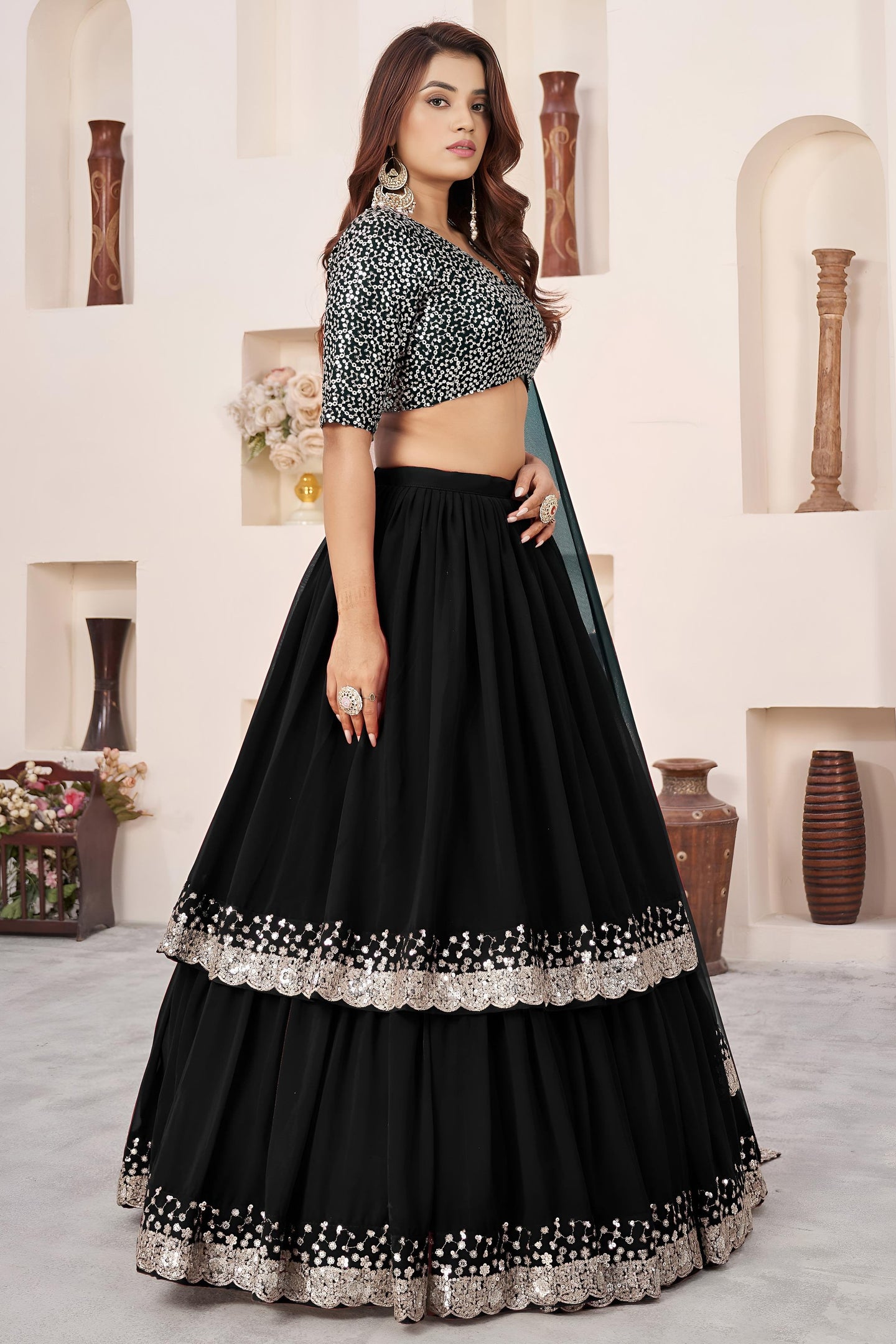 Black Georgette Lehenga Choli For Indian & Pakistani Wedding Festival - Sequence Embroidery Work, Zari Work