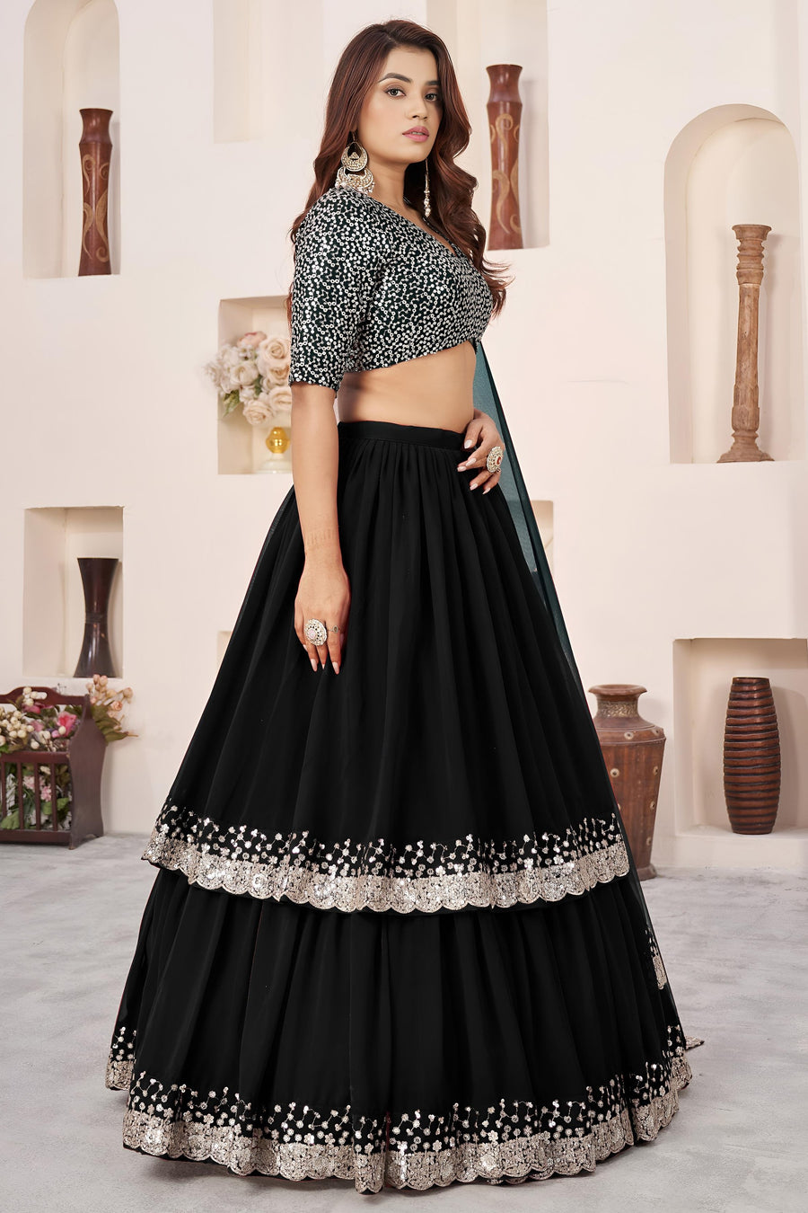 Black Georgette Lehenga Choli For Indian & Pakistani Wedding Festival - Sequence Embroidery Work, Zari Work